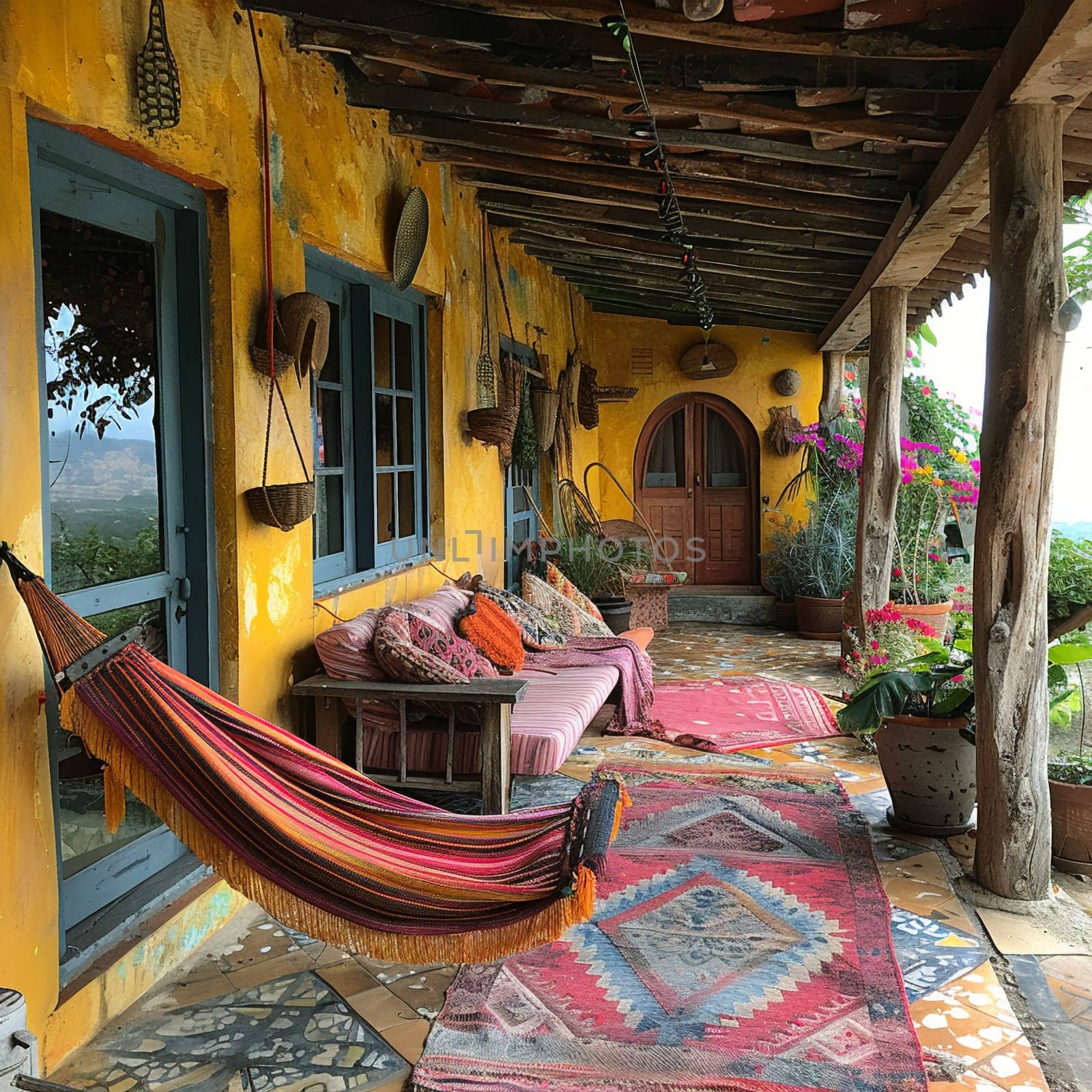 Colorful and Eclectic Decorations on Bohemian Bungalow, with outdoor hammock.