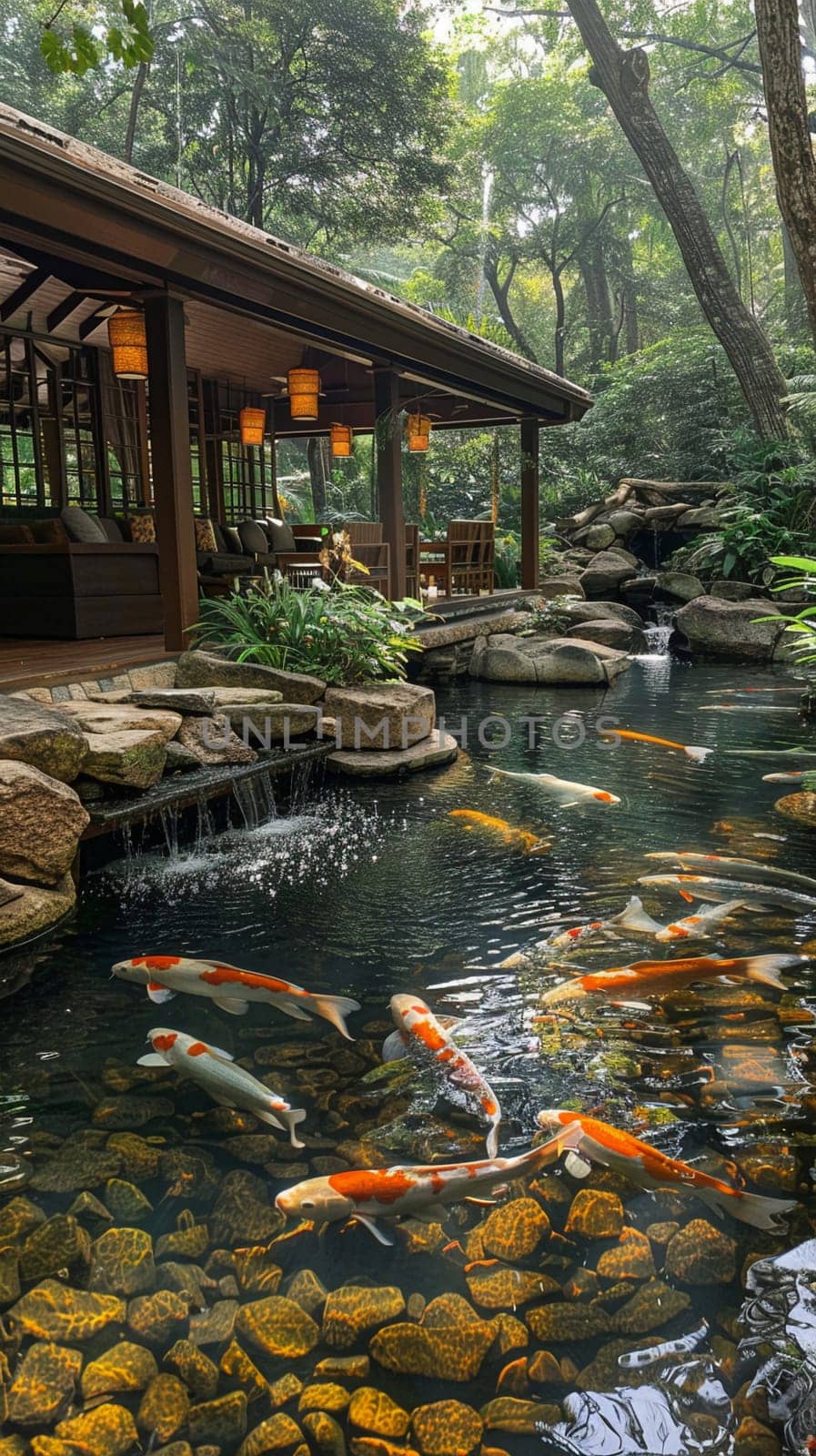 Tranquil koi pond with a surrounding sitting area and lush landscaping.