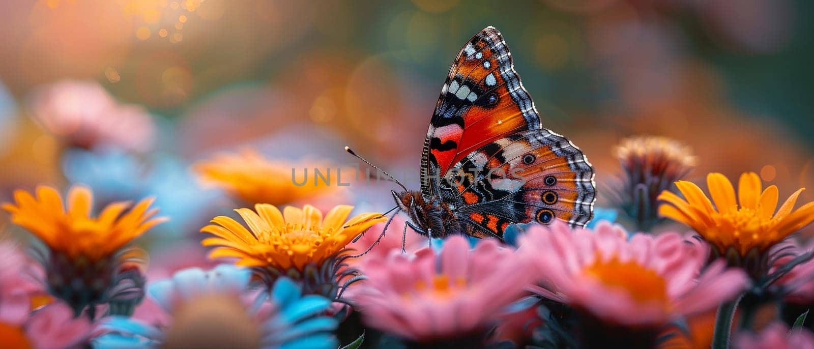 Macro shot of butterfly on wildflower, representing transformation and beauty.