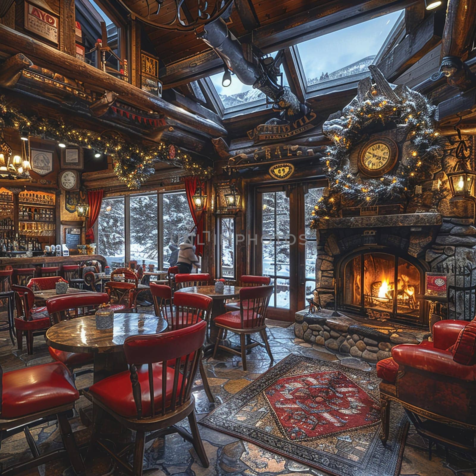 Cozy ski lodge cafe with warm fireplaces, wooden beams, and hot cocoa bar.