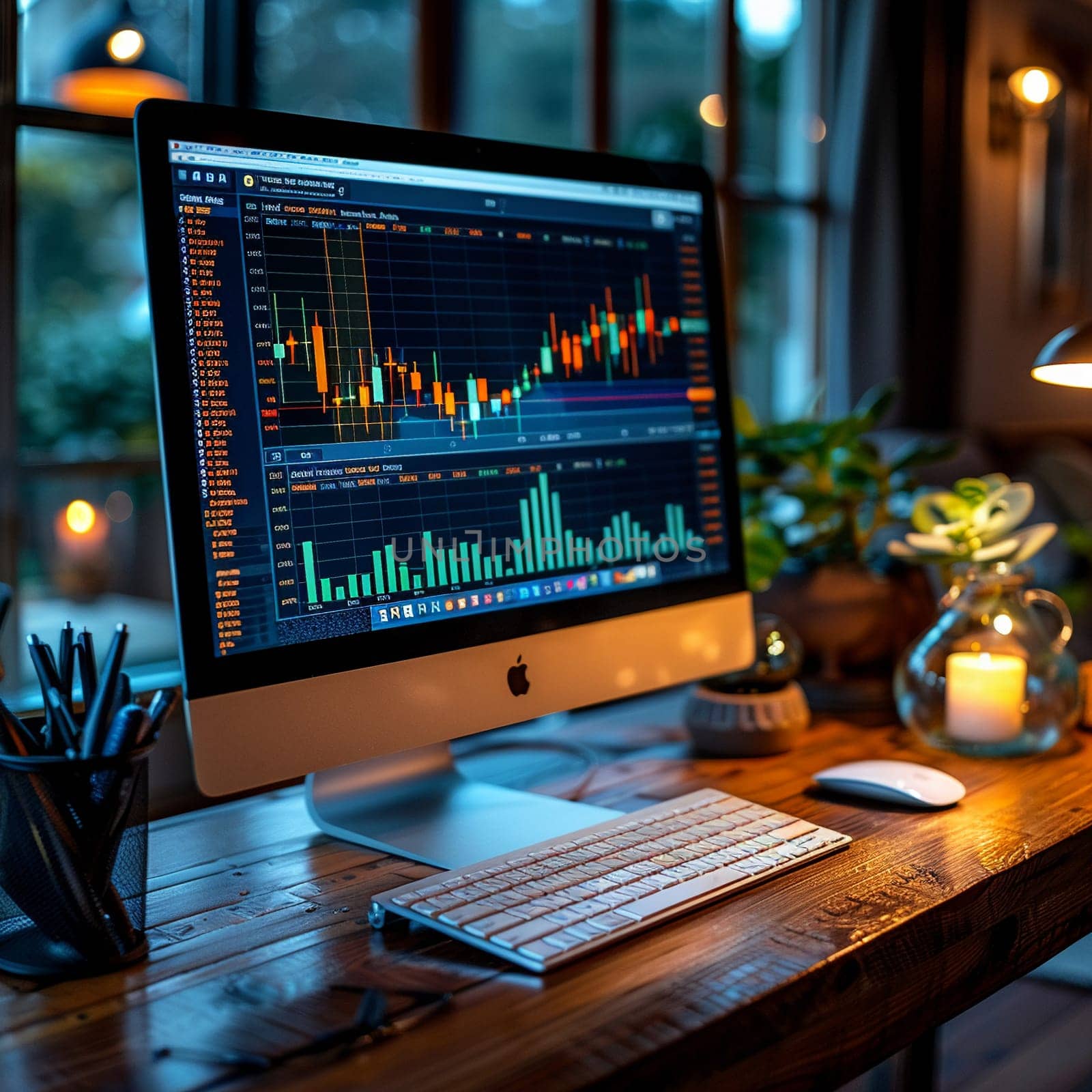 Modern computer monitor with graph chart, symbolizing finance and business.