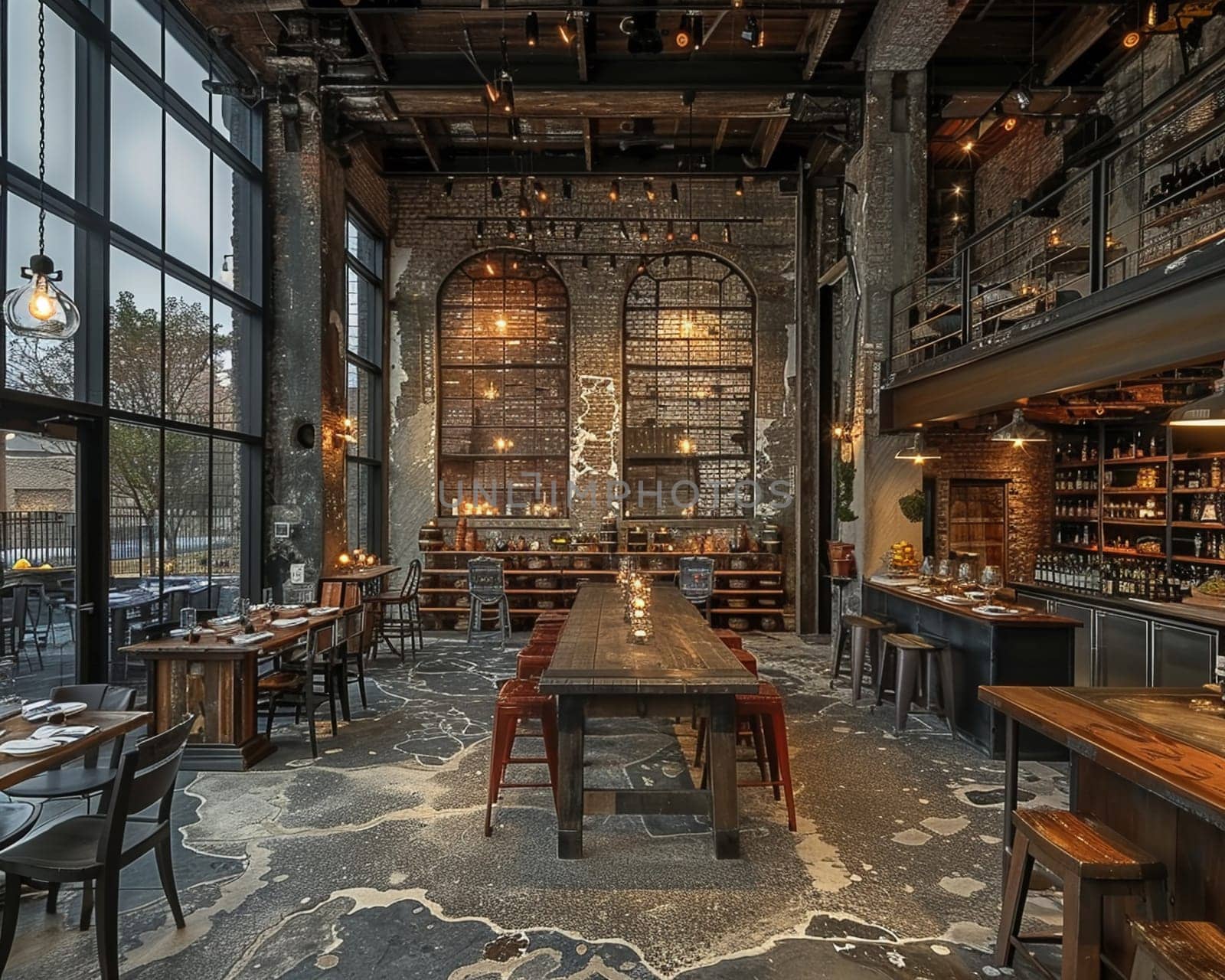 Industrial chic event space with raw textures and flexible layouts.