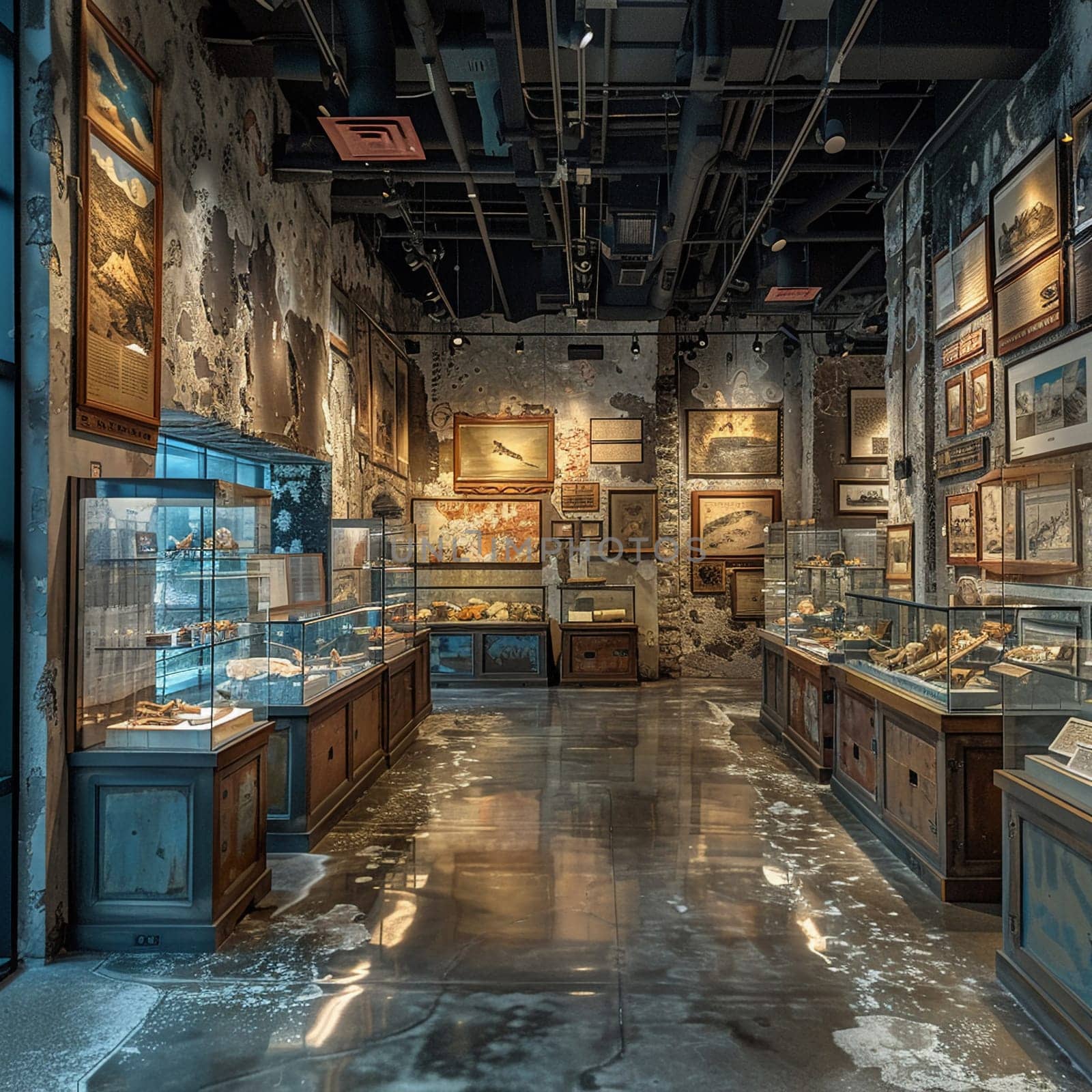 Historical museum exhibit space with interactive displays, artifacts, and educational panels.