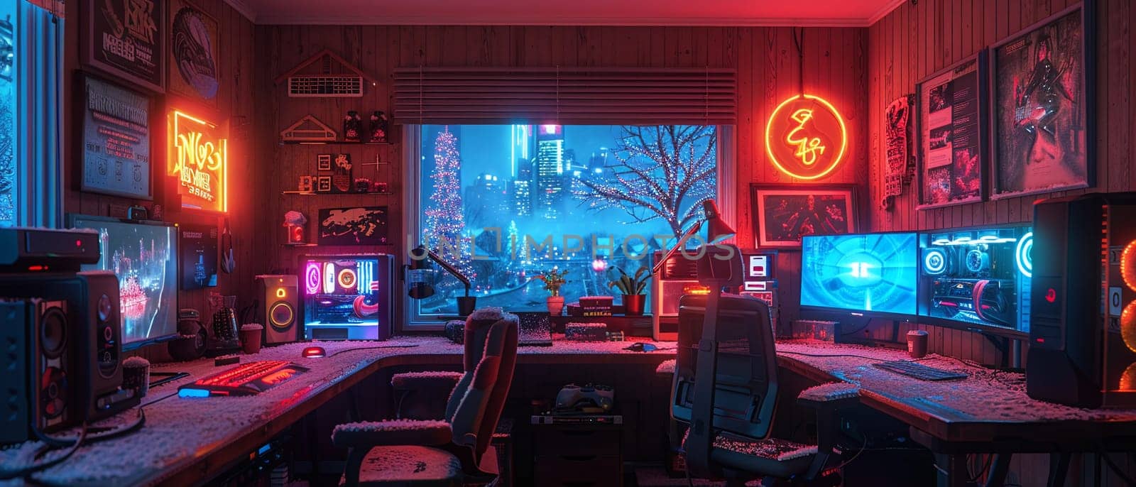 Cyberpunk gaming den with neon lights and high-tech setups.