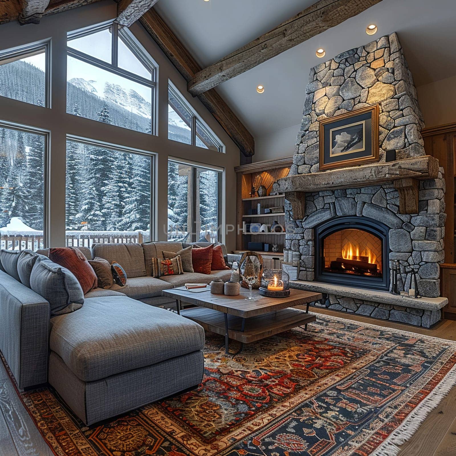Cozy mountain cabin living room with a stone fireplace and wooden beams.