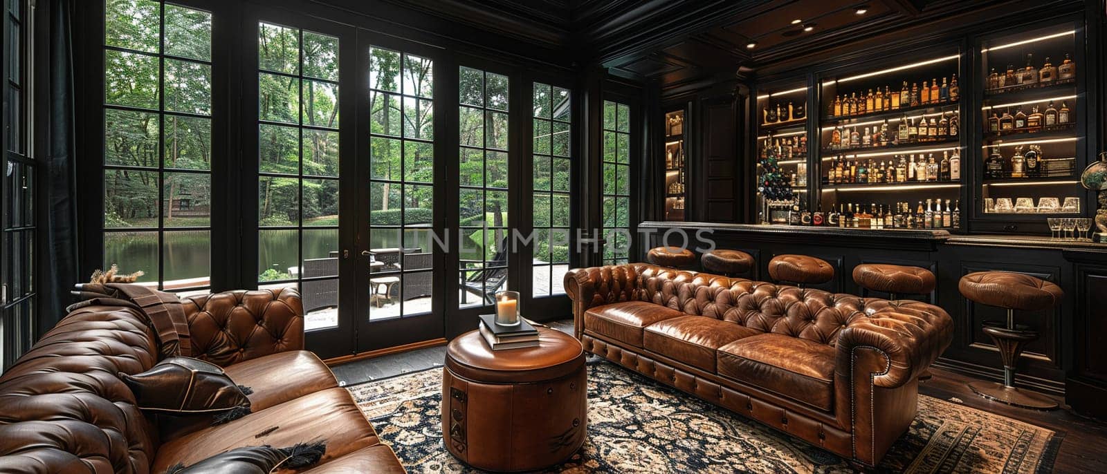 Masculine den with leather furniture, dark wood, and a built-in bar