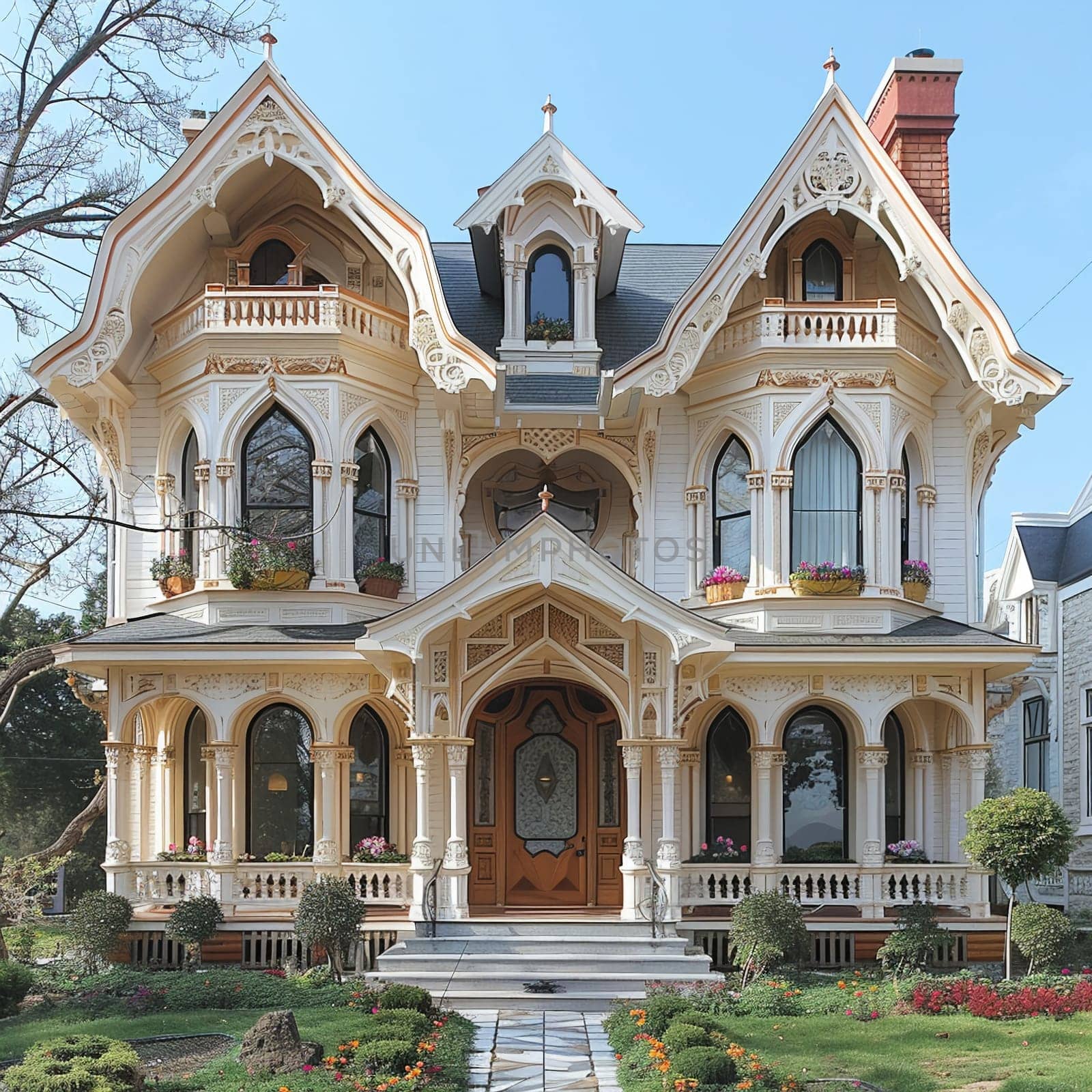 Ornate Gothic Revival House with Pointed Arches, gothic architectural grandeur.