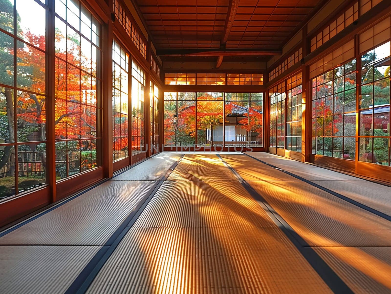 Traditional Japanese tea room with tatami flooring and shoji screens by Benzoix