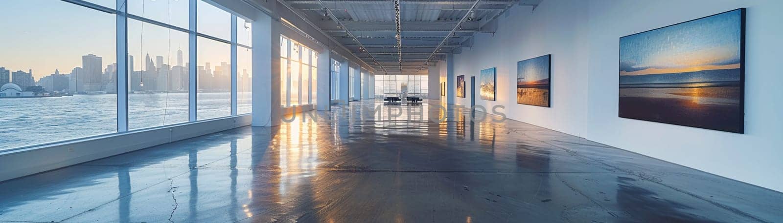 Contemporary art gallery interior with white walls and spotlighting.