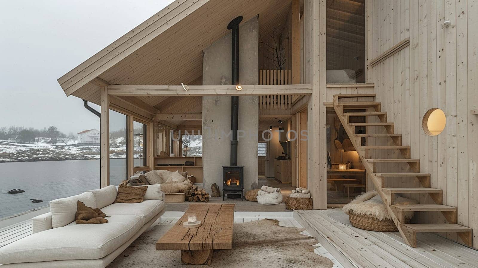 Scandinavian cabin with a wood stove and minimalist furnishings by Benzoix