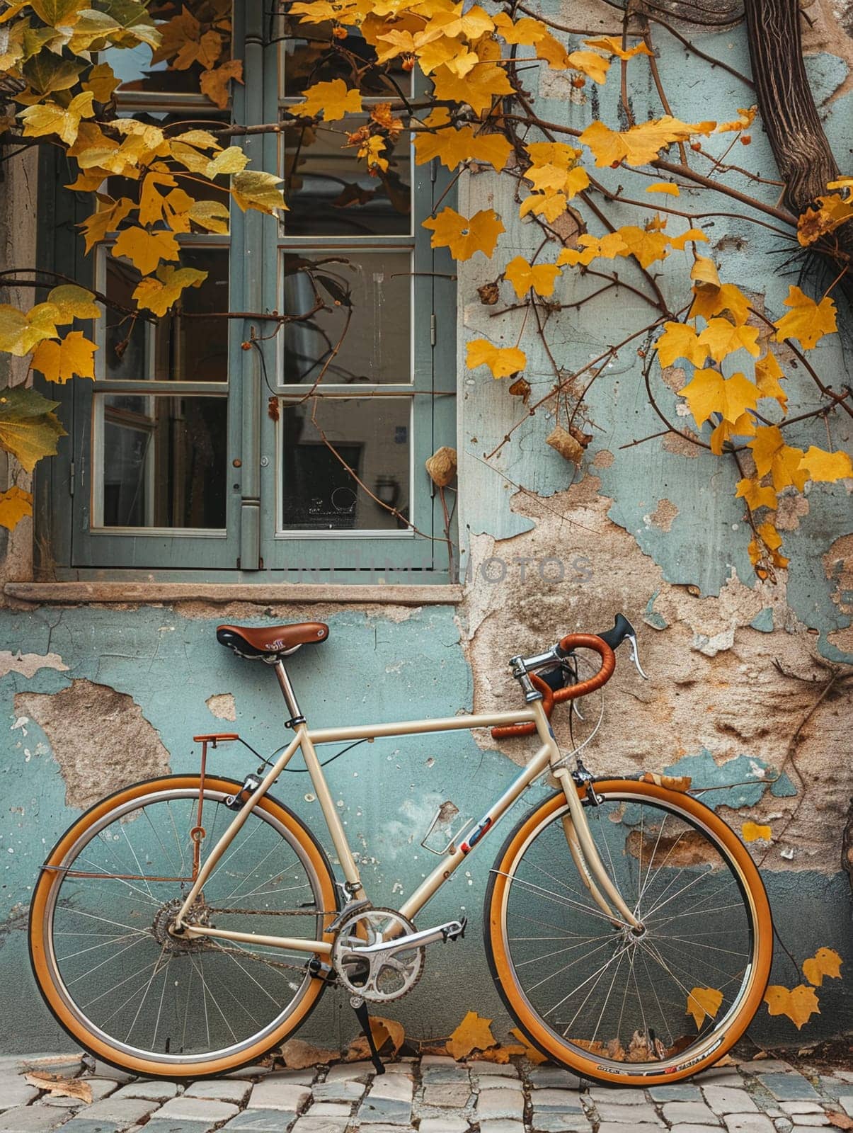 Bicycle leaning against rustic wall by Benzoix