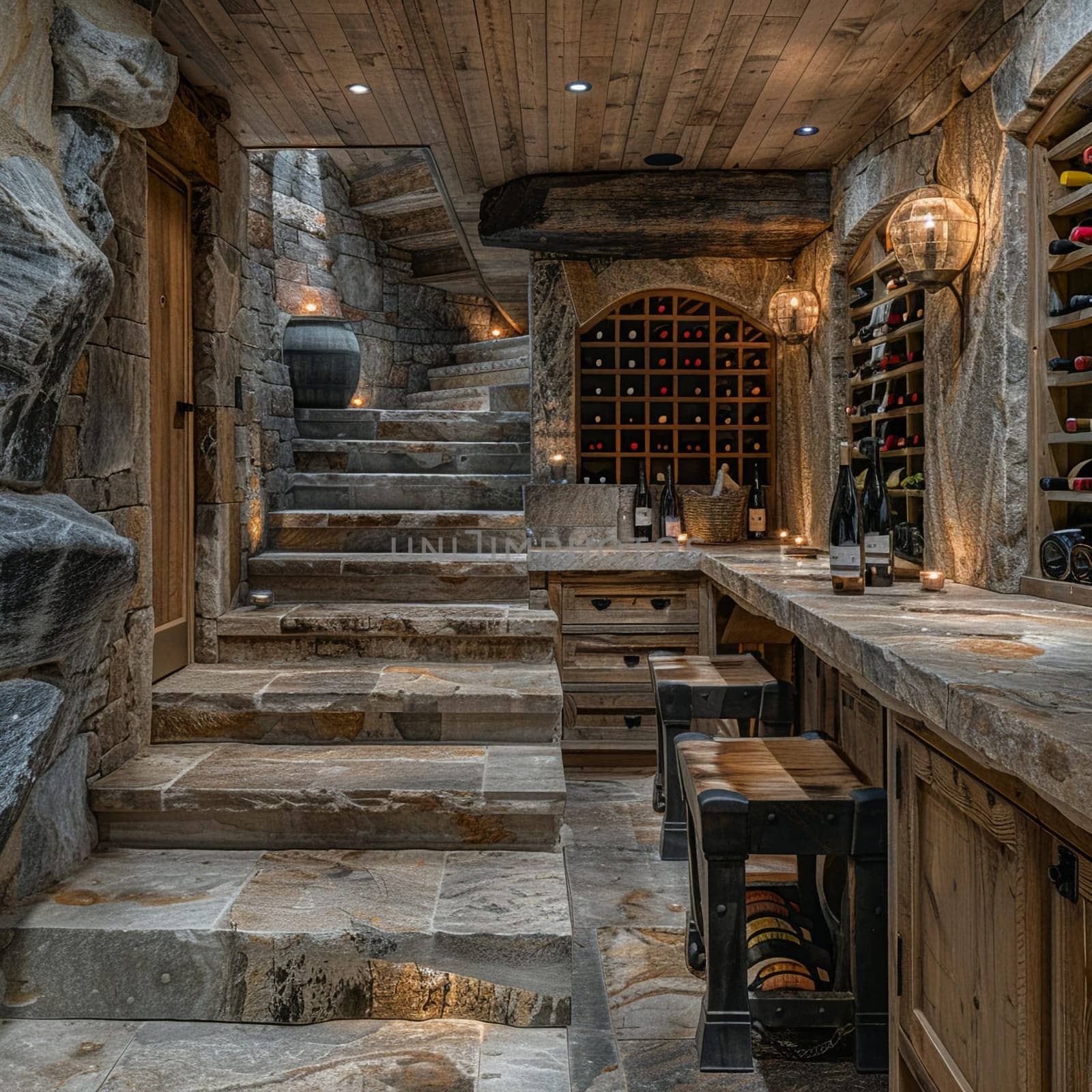 Rustic wine cellar with stone walls and wooden wine racks.