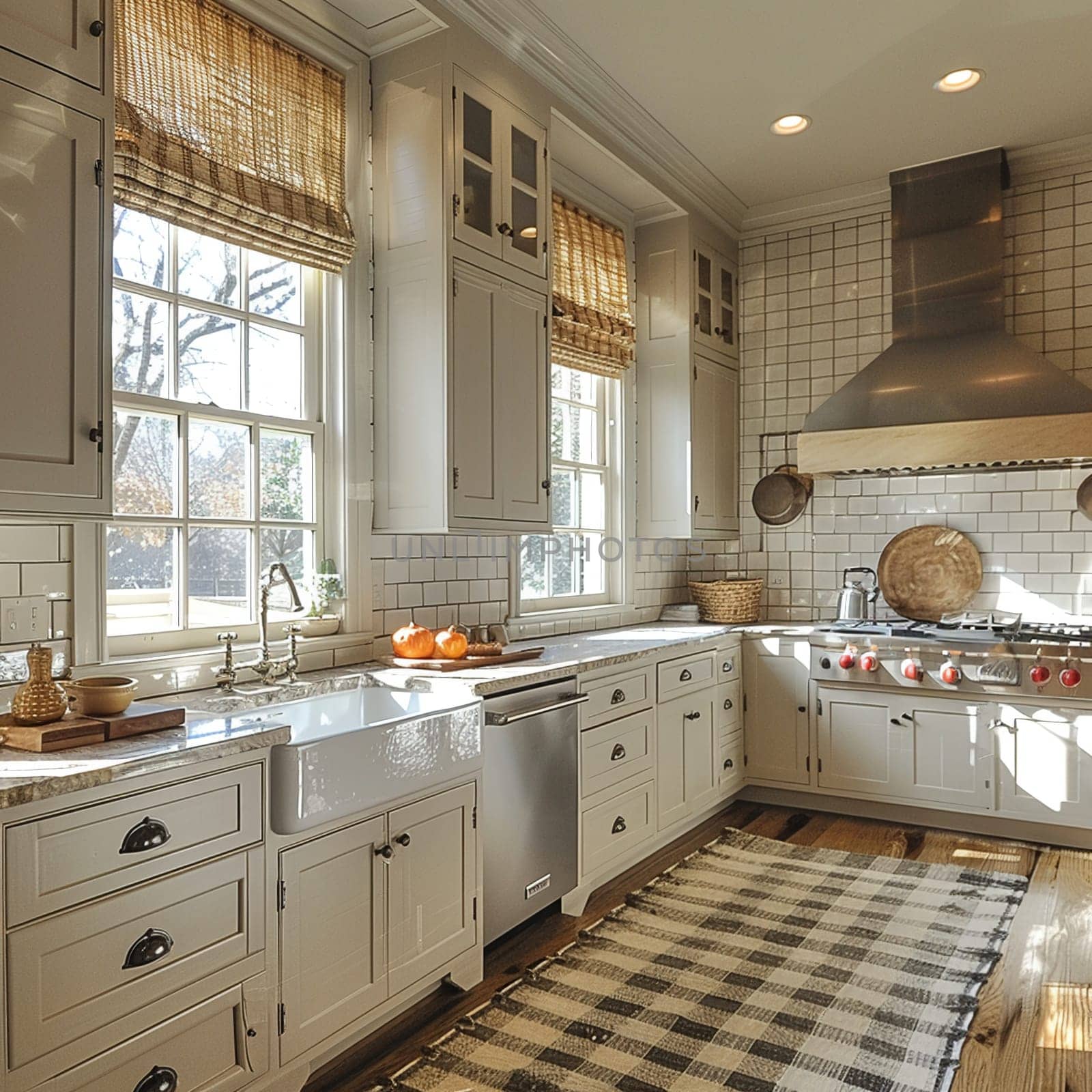 Southern-style kitchen with a farmhouse sink and checkered curtains.