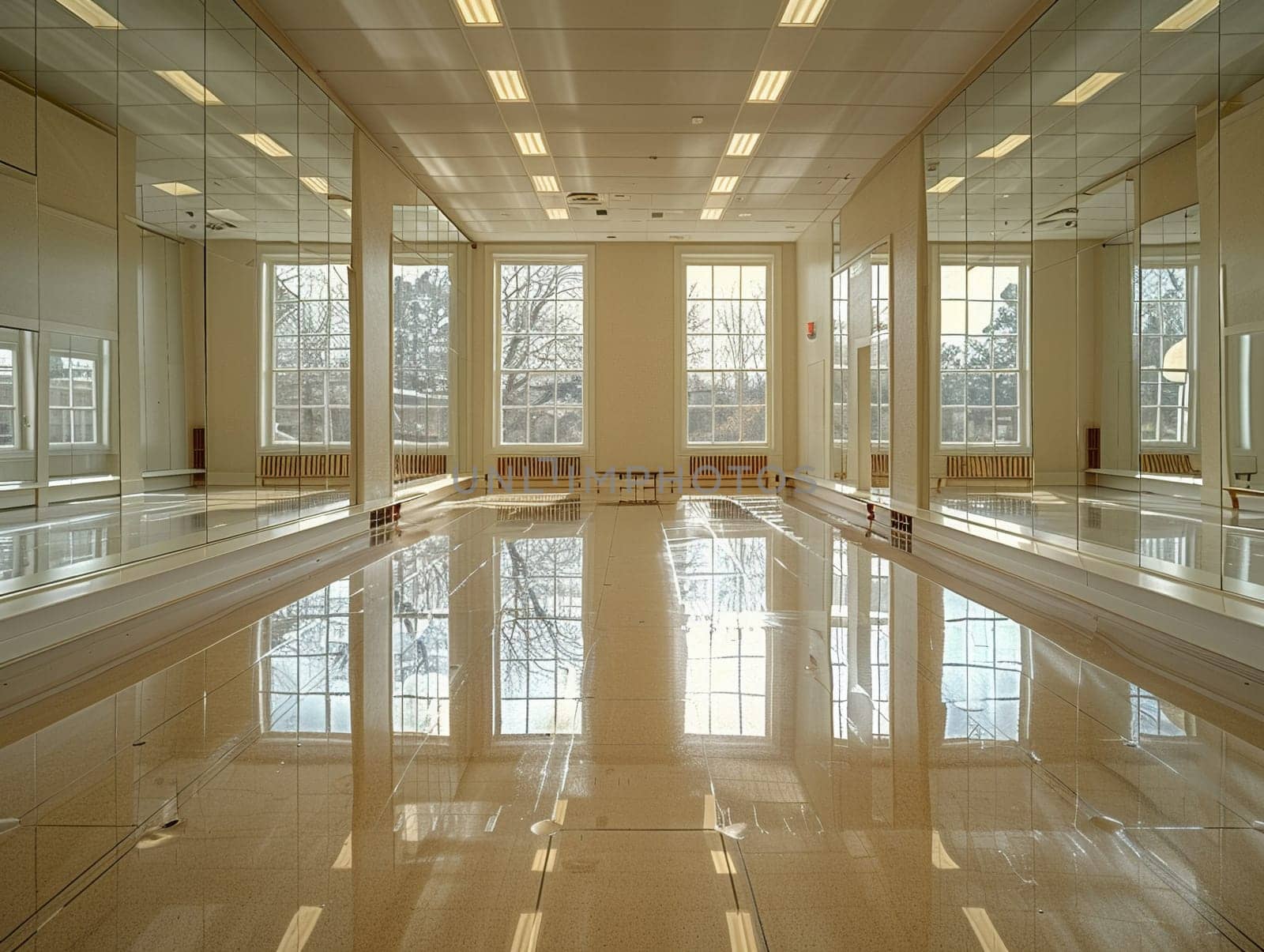 Contemporary ballet studio with mirrored walls and barres.