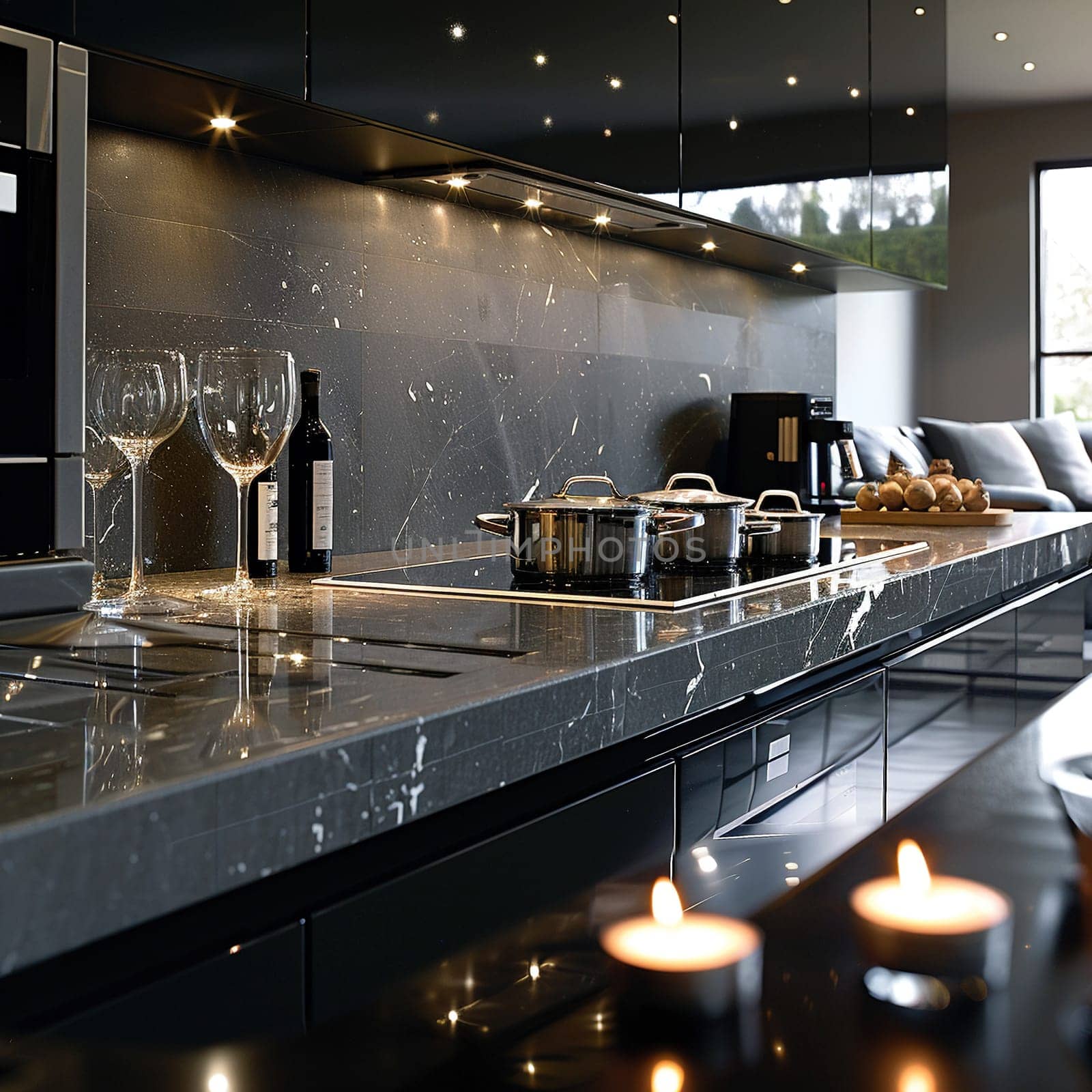 Ultra-modern kitchen with smart appliances and sleek, reflective surfaces