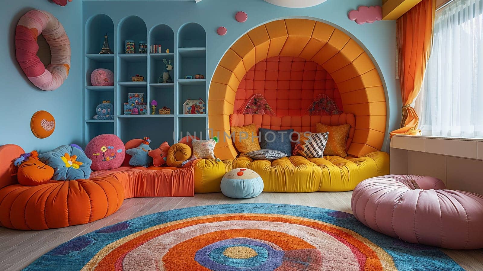 Whimsical childrens playroom with bright colors and imaginative decor by Benzoix