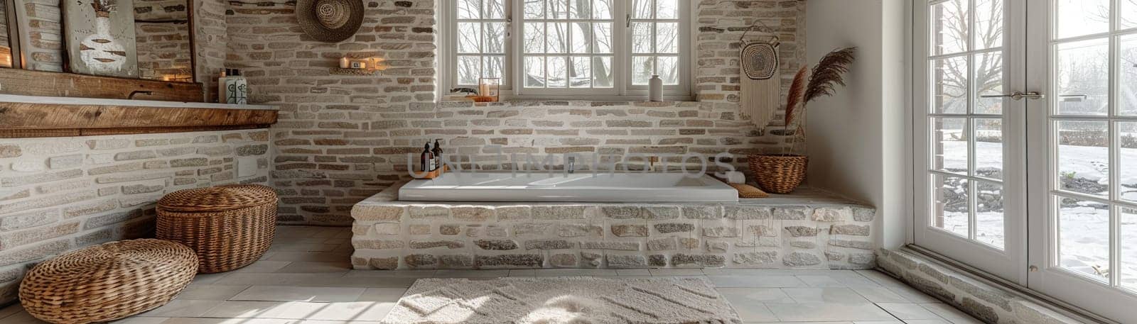 Tranquil spa-like bathroom with a freestanding tub and natural stone tiles by Benzoix