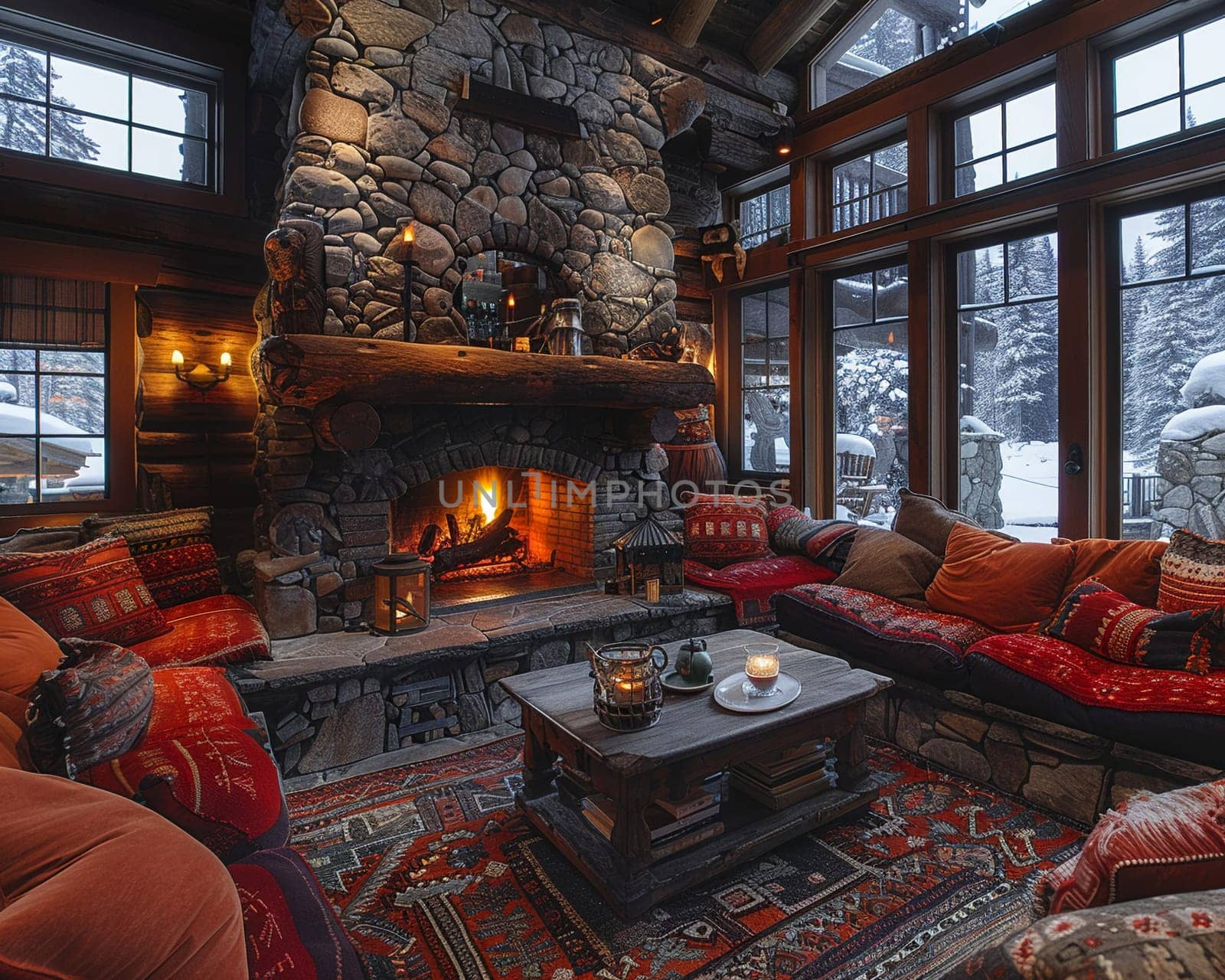 Cozy ski lodge living room with a stone fireplace and comfortable seating.