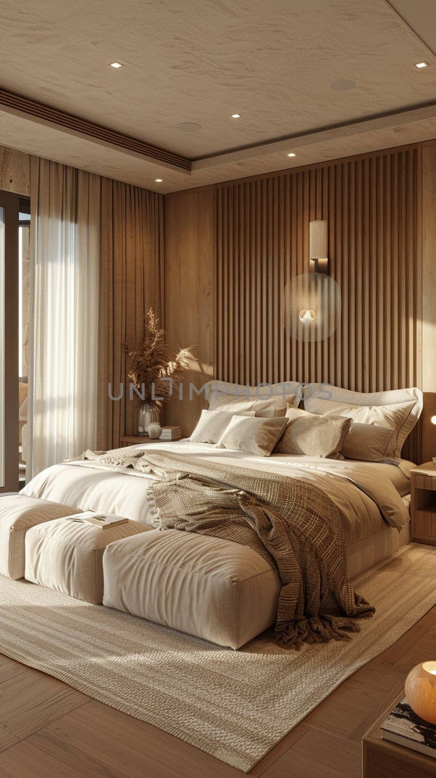 Understated luxury hotel suite with subtle textures and neutral tones.