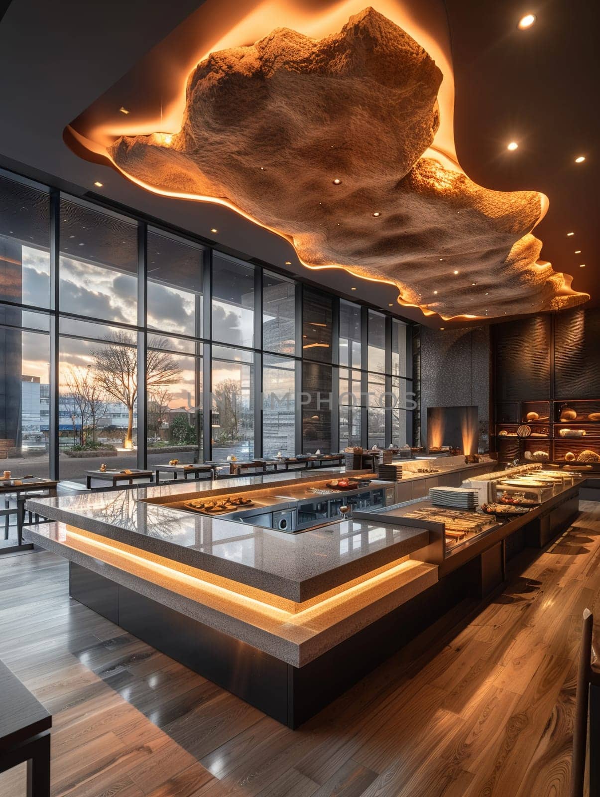 Upscale sushi bar with minimalist design and ambient lighting by Benzoix