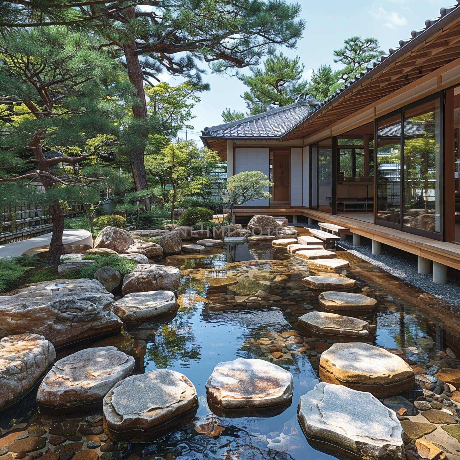 Ornamental Japanese Garden with Traditional Elements, Japanese garden tranquility with aesthetic precision.