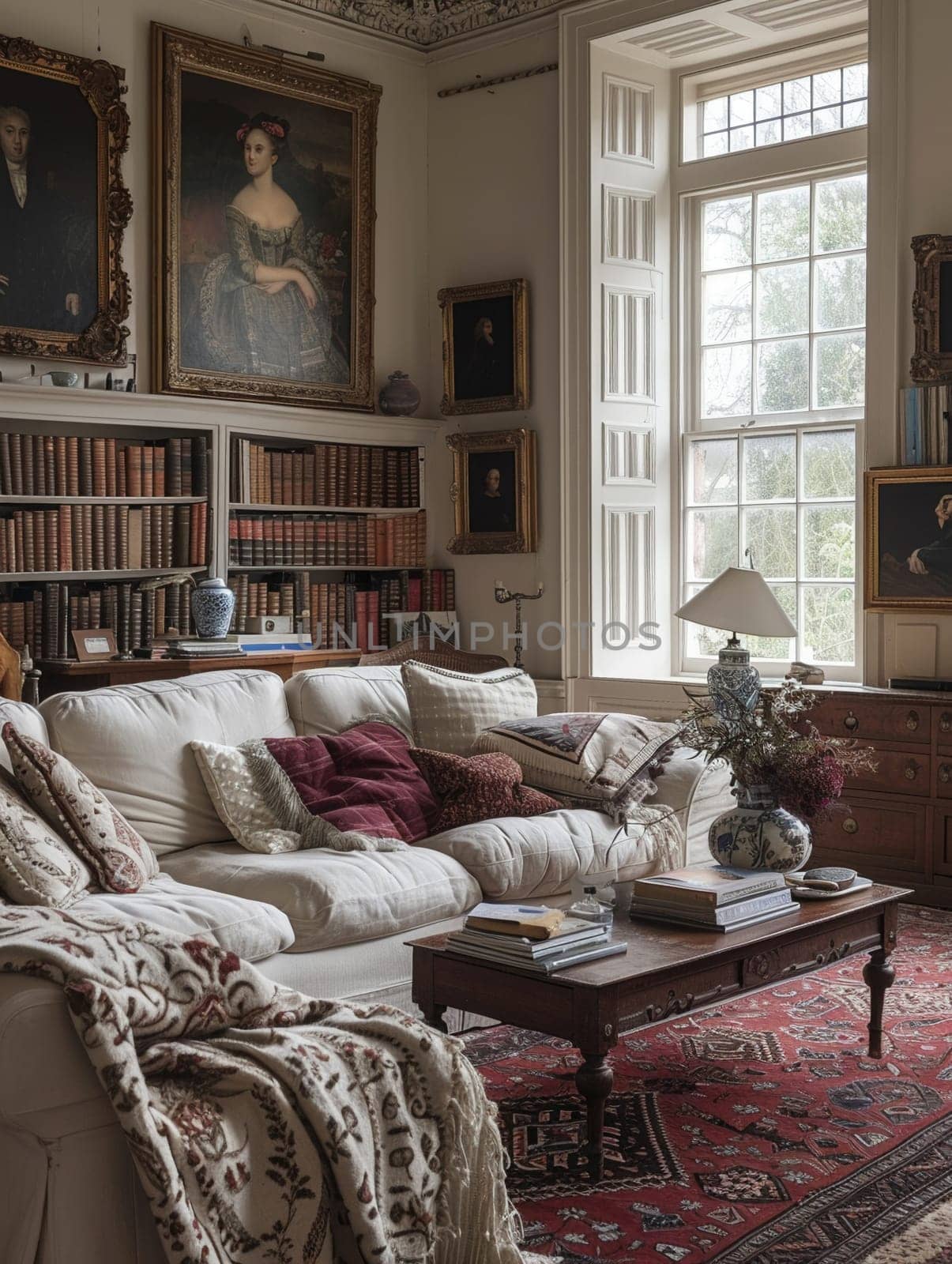 Regency-style drawing room with period furniture and portrait paintings.