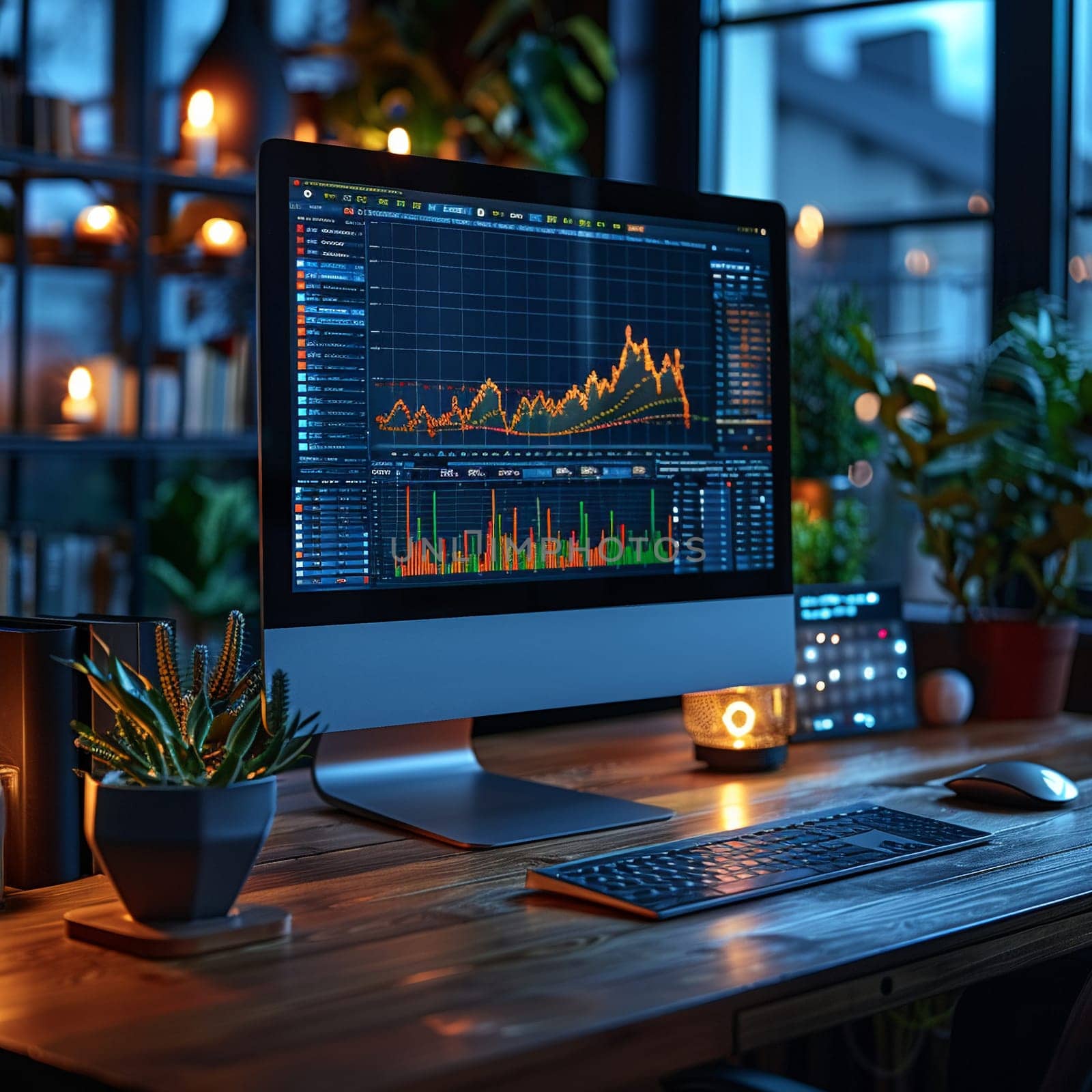 Modern computer monitor with graph chart, symbolizing finance and business.