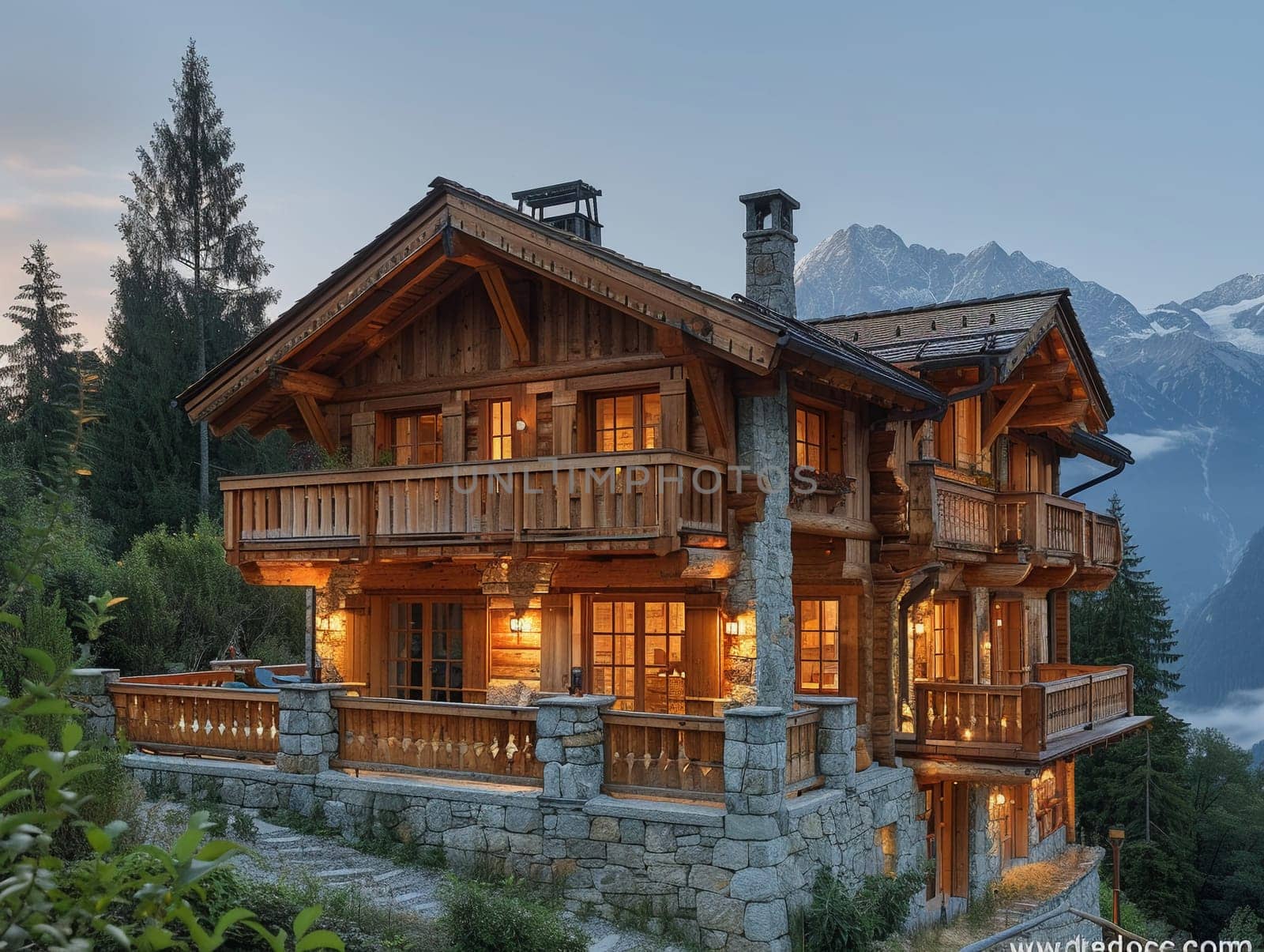 Traditional Swiss Chalet Nestled in Alps with Detailed Wood Carvings by Benzoix