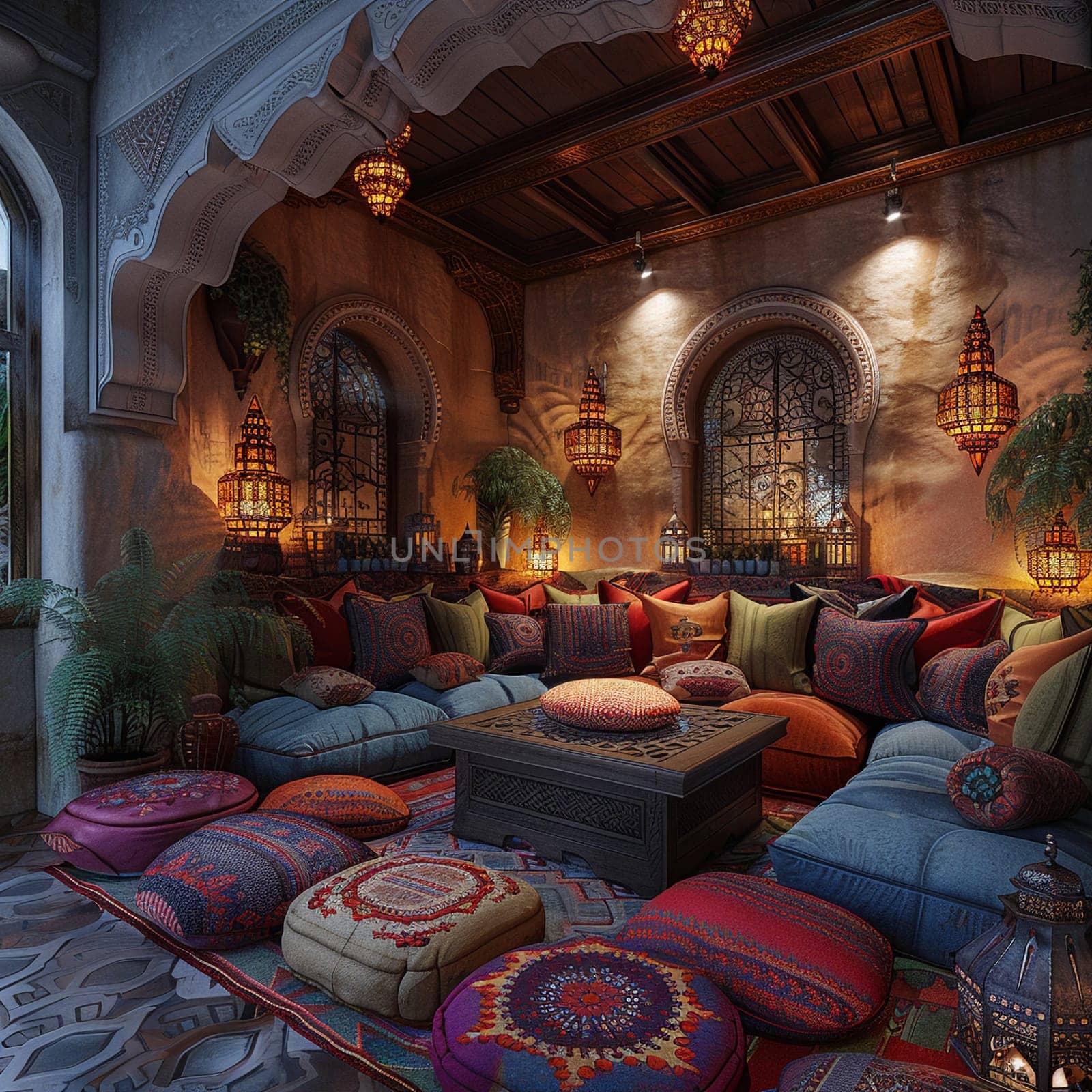 Moroccan-style lounge with rich colors, lanterns, and comfortable low seating