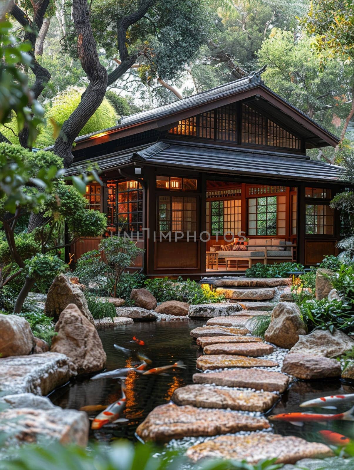 Tranquil Backyard Zen Inspired Sanctuary, with stone path leading to serene koi pond.