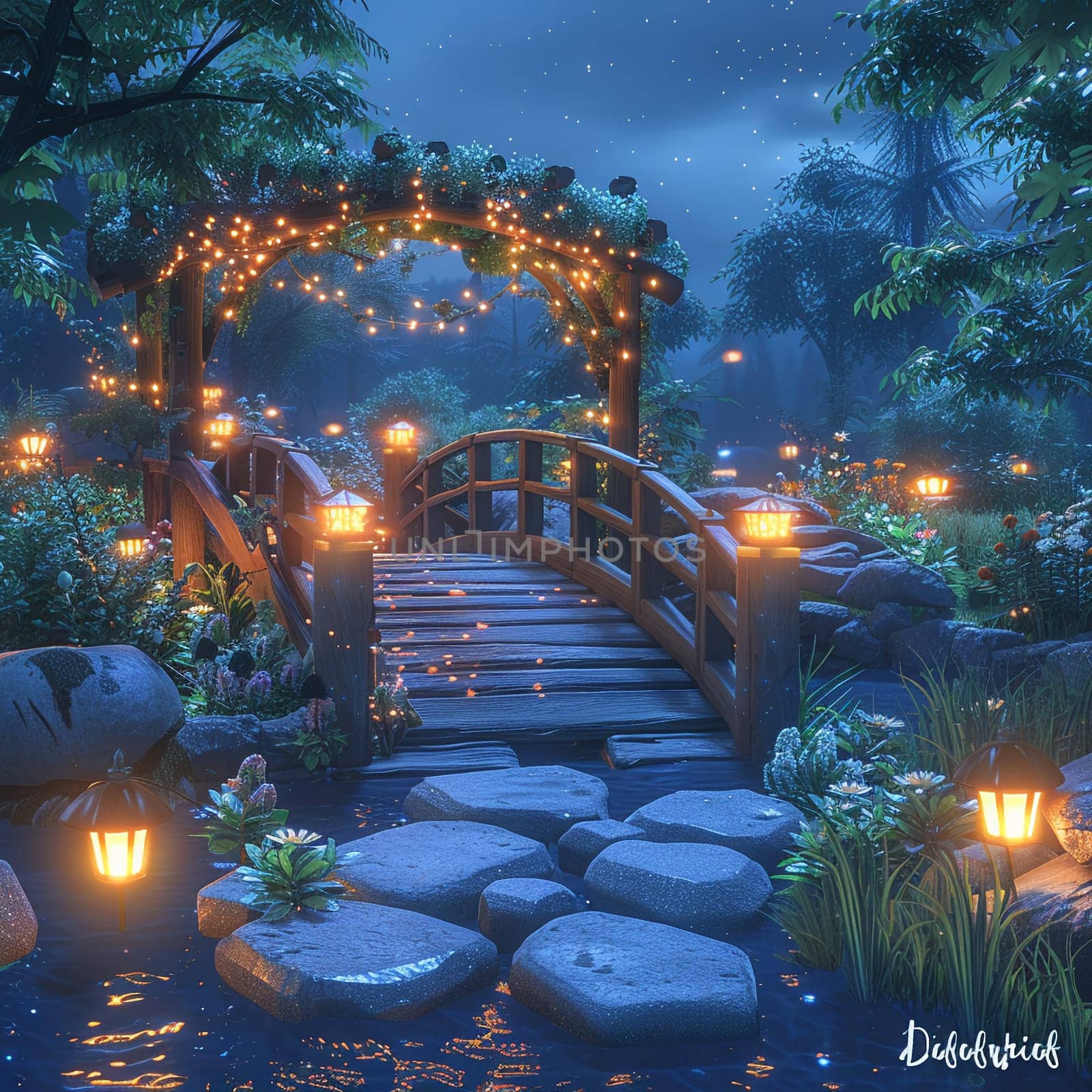 Moonlit garden with luminescent plants and a star-gazing area.