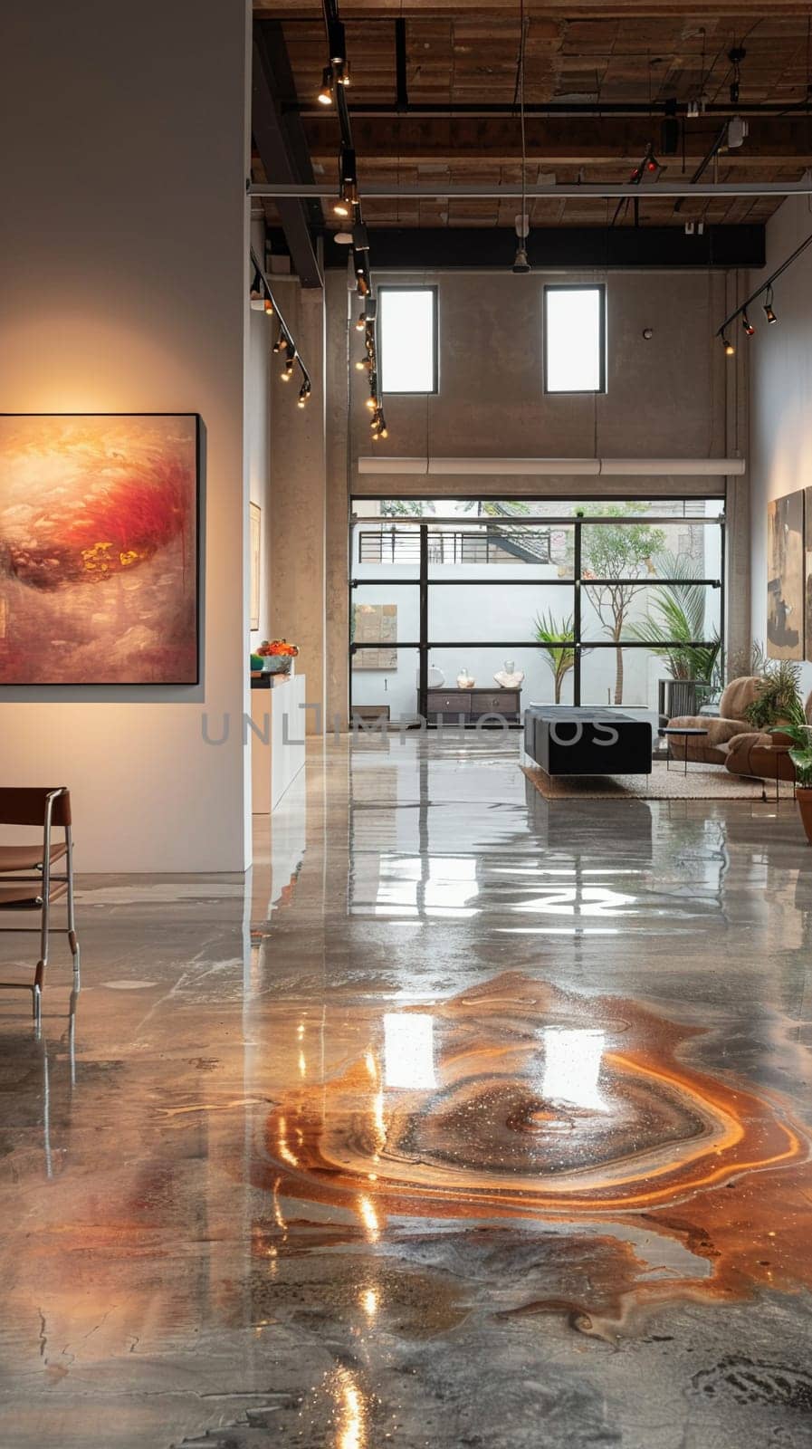 Minimalist gallery space with abstract art and polished concrete floors.