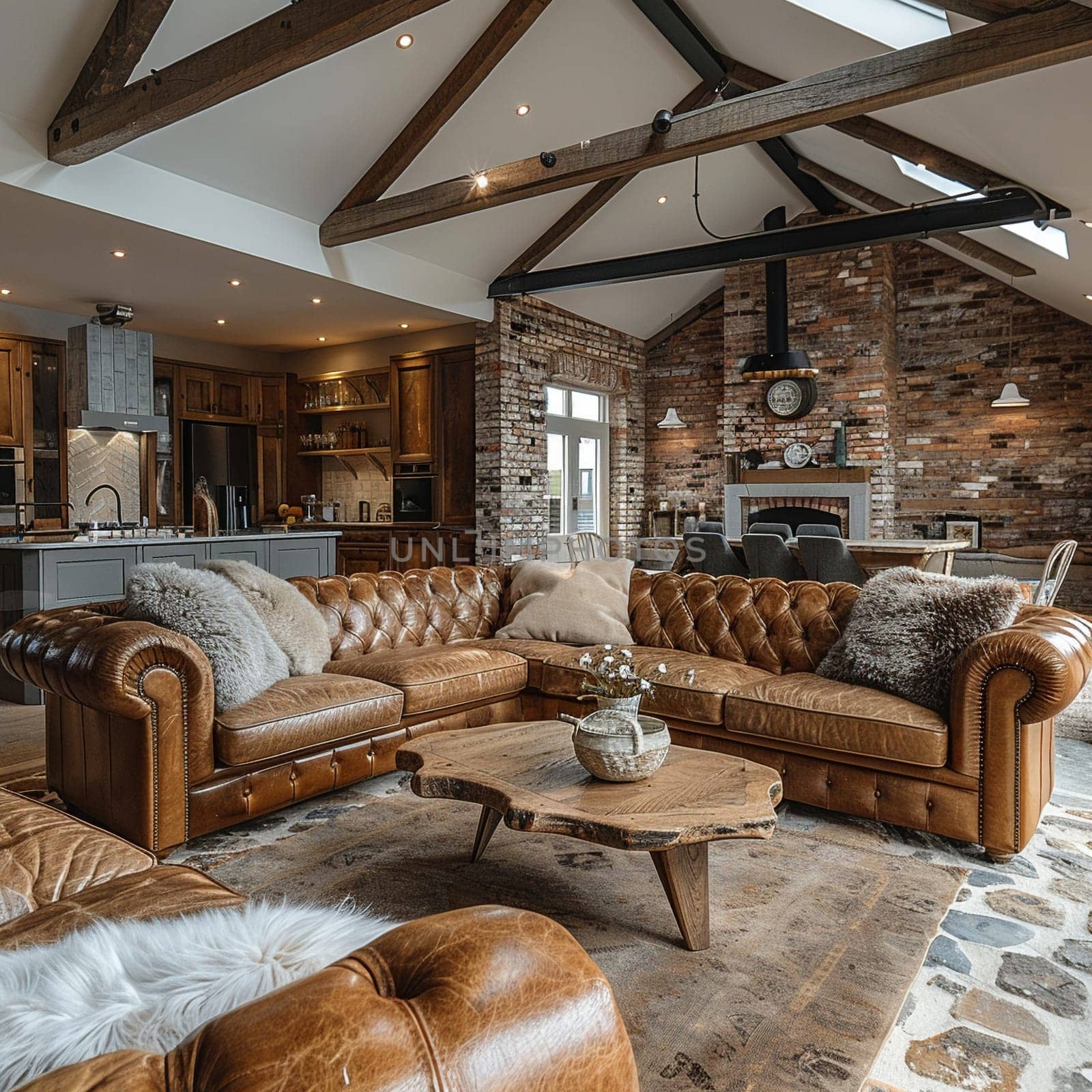 Rustic barn conversion with exposed beams and modern touches.