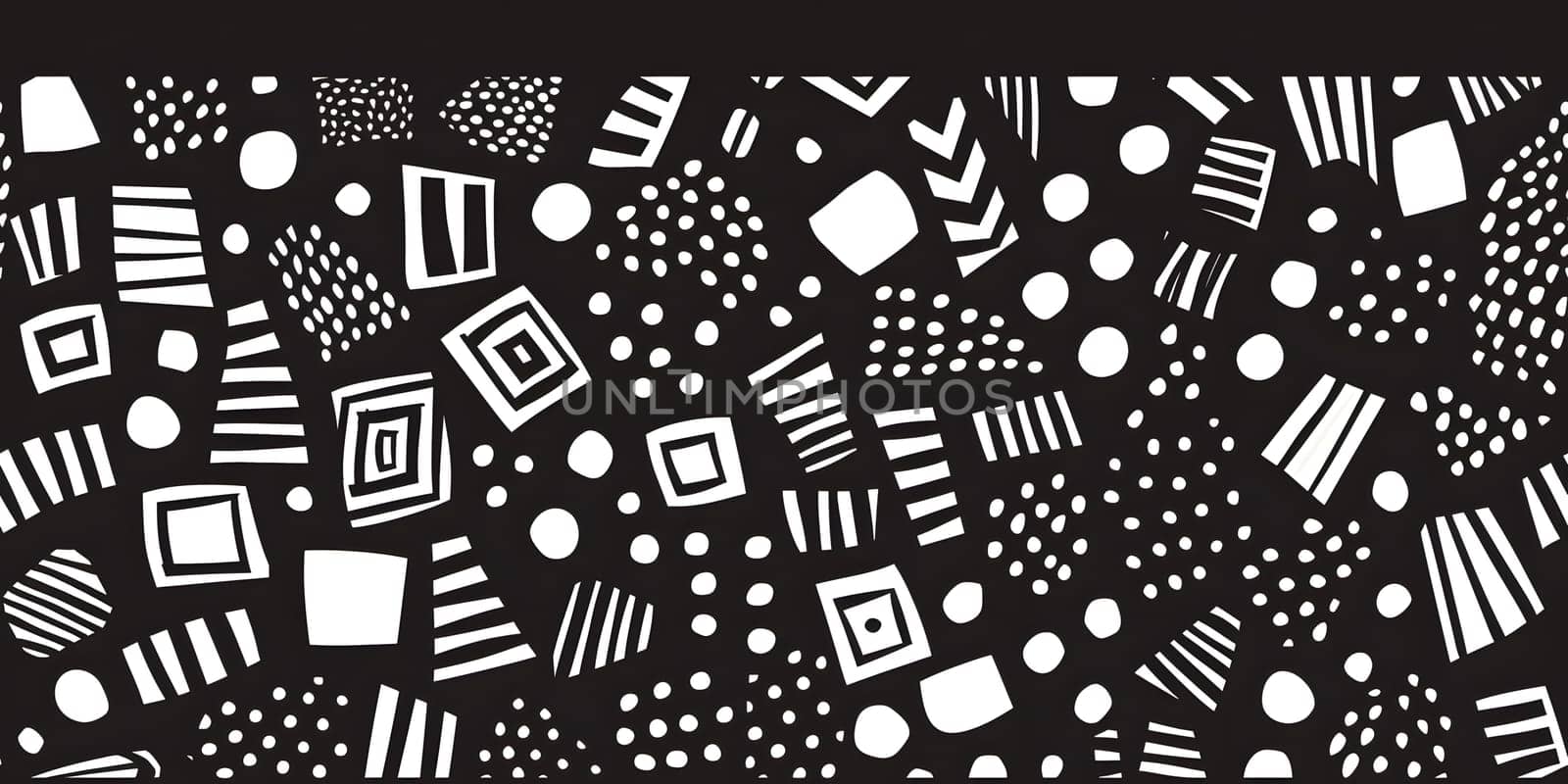 An illustration featuring a black and white pattern with geometric shapes and dots on a black background, resembling a circuit component design with symmetry and technology influences