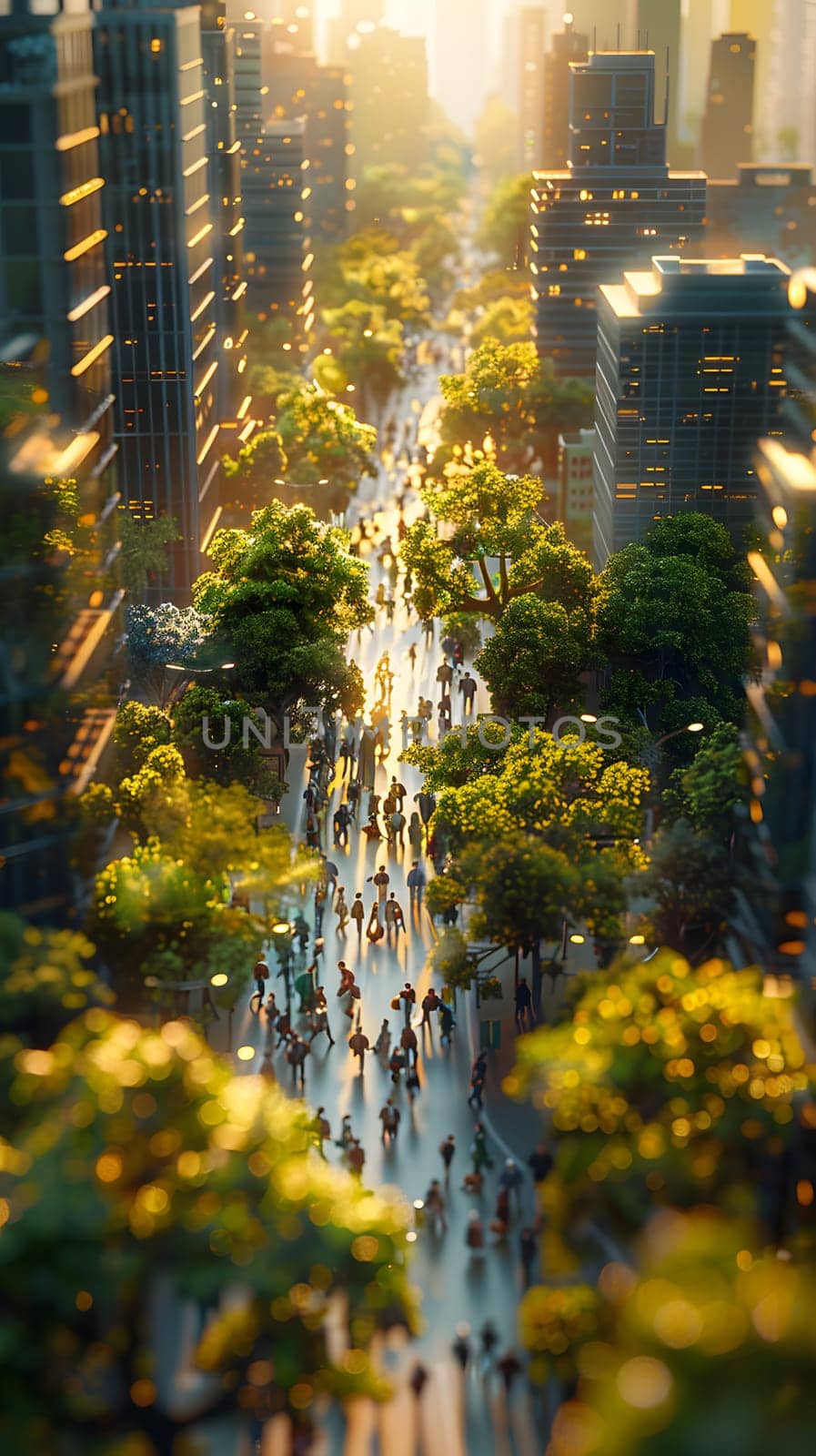 A group of individuals strolling along a city street lined with trees, amidst an urban landscape. The scene resembles a painting with a waterfall and water feature adding to the natural beauty