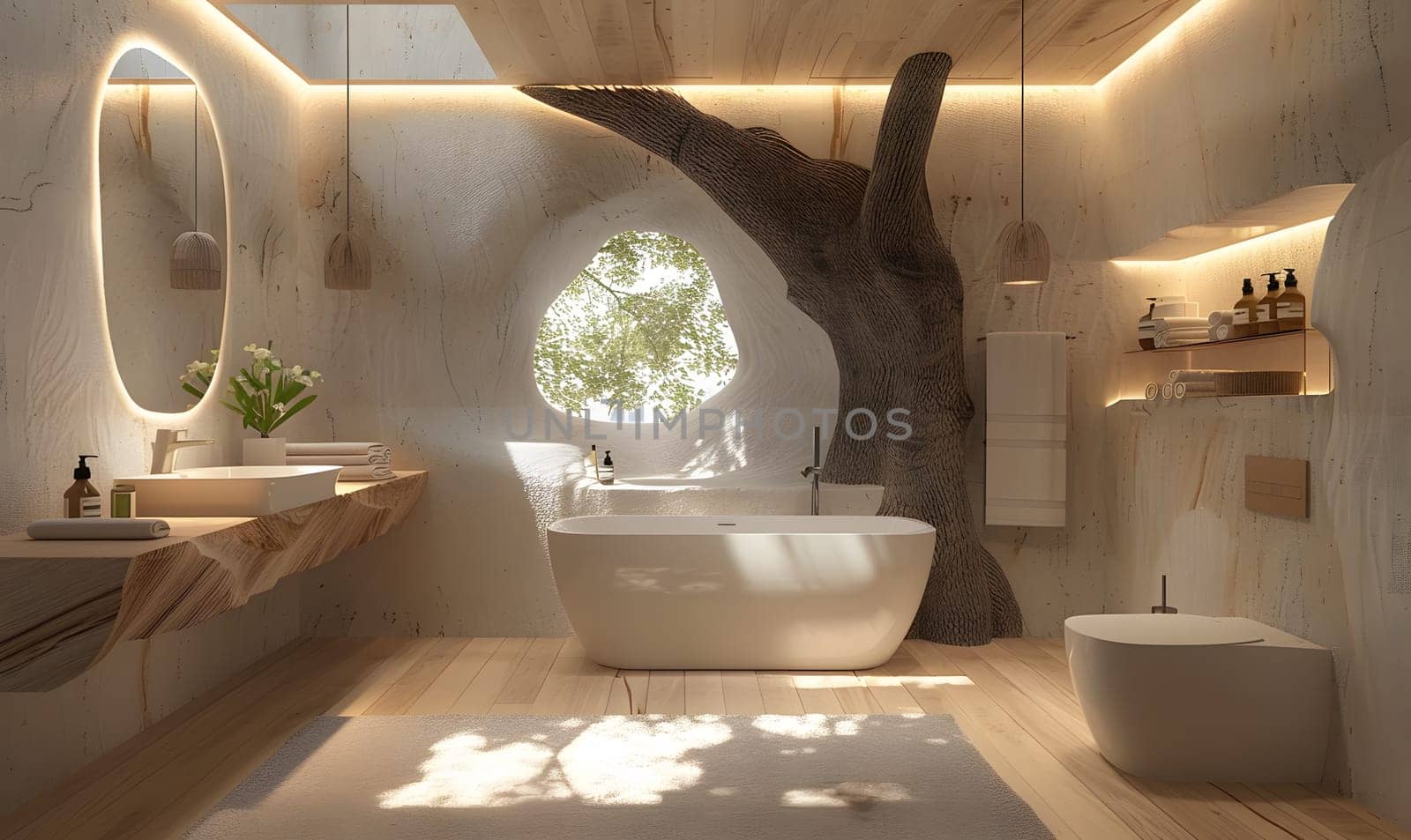 A bathroom with a tree planted in the middle, creating a unique interior design in a building. The hardwood flooring, wooden countertop, and arched ceiling complement the natural element