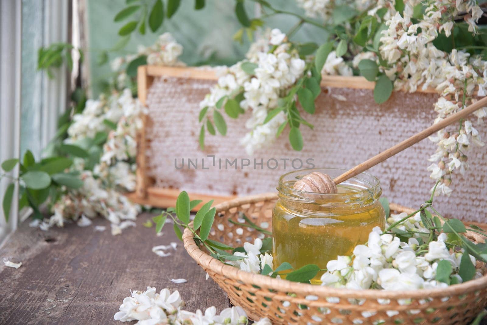 still life with full honeycombs and a jar of ocacia honey on the table, organic enriched beekeeping product for alternative medicine, high quality photo