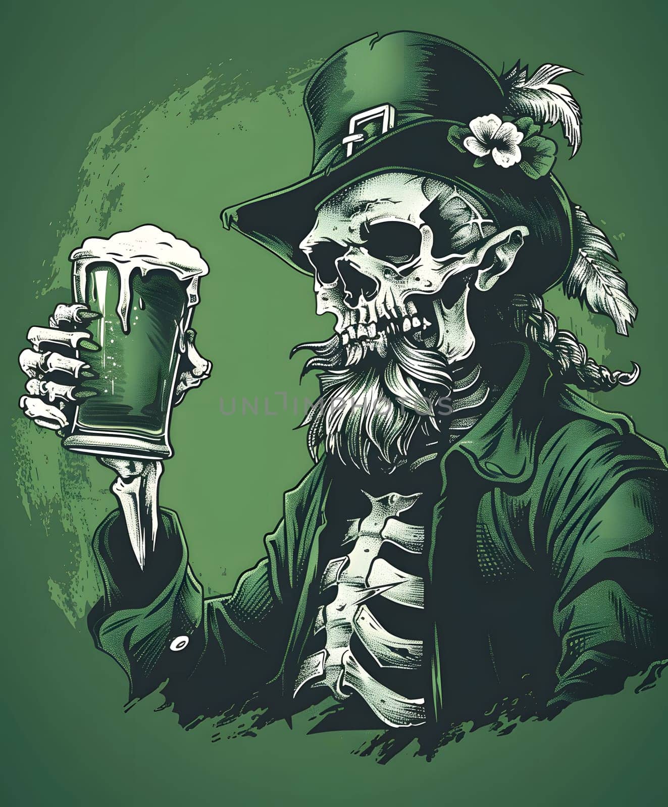 A skeleton leprechaun in a tshirt is holding a glass of beer by Nadtochiy