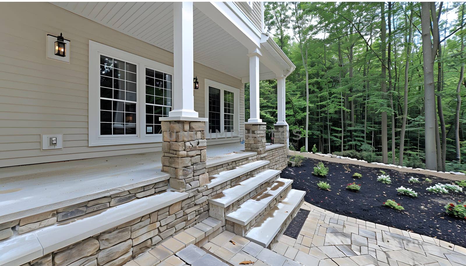 A beautiful house with a porch and stairs surrounded by trees. The entrance is adorned with plants and fixtures. The road surface is asphalt