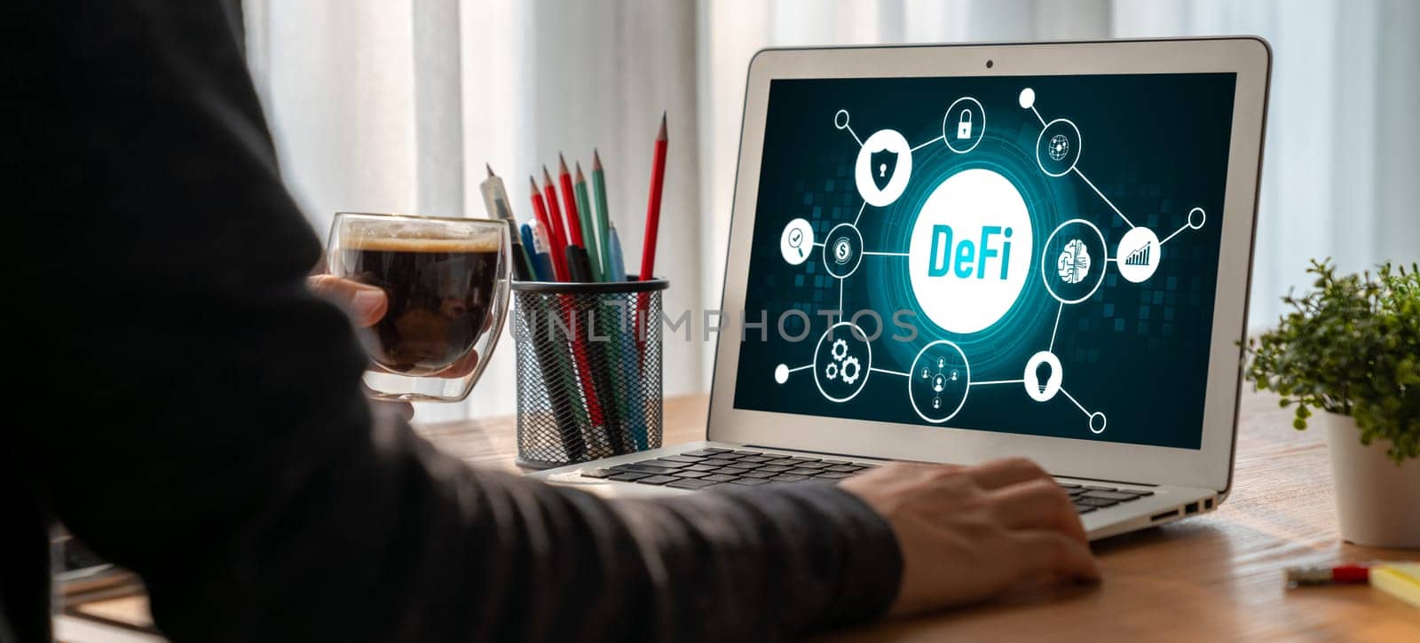 Decentralized finance or DeFi concept on modish computer screen . The defi system give new choice of investment and money saving .