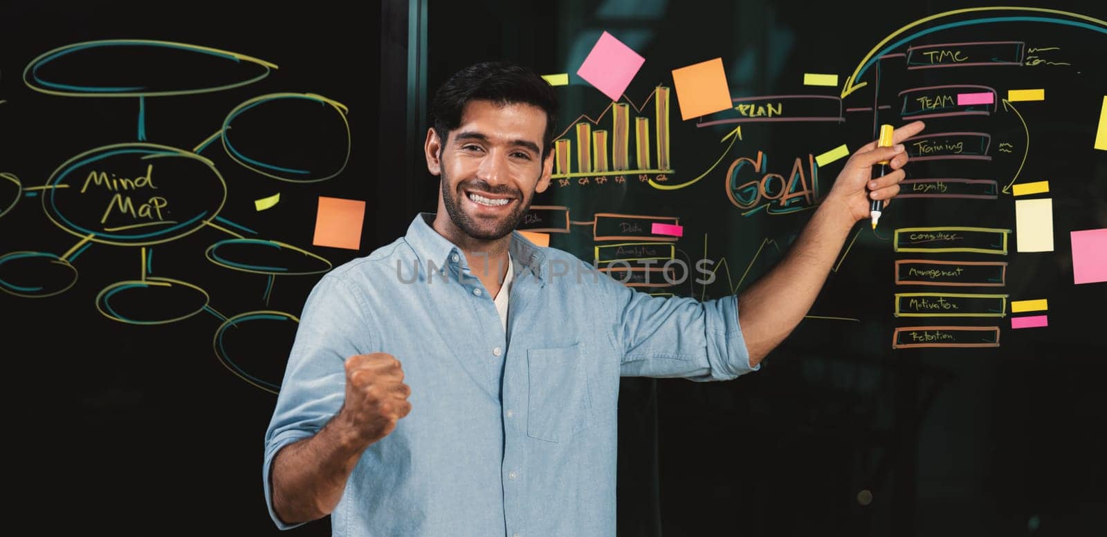 Professional businessman pointing at marketing statistic while looking at camera. Smiling caucasian manager presenting about business plan with confident at glass wall by graph, mind map. Tracery.