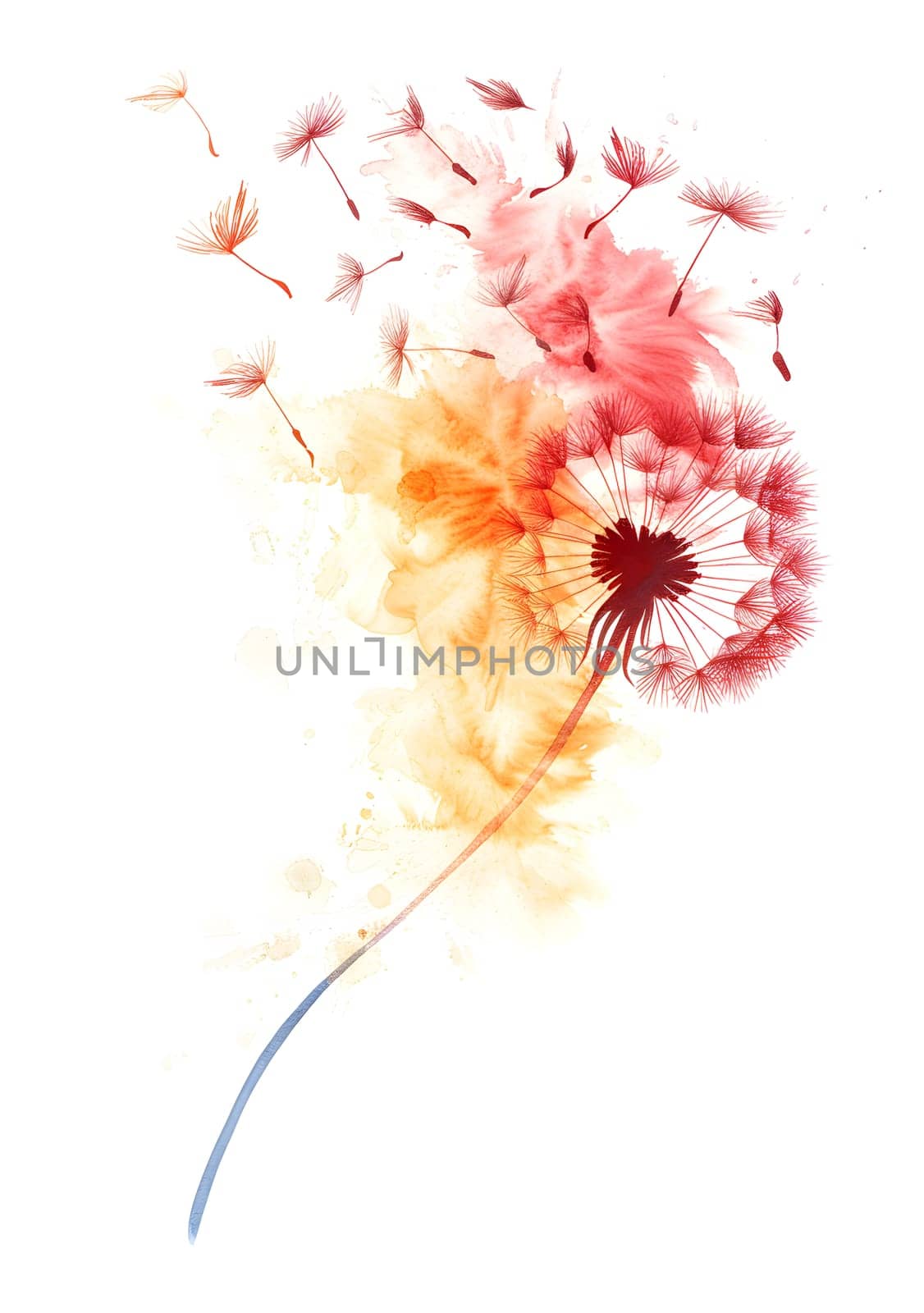 A beautiful watercolor painting capturing a dandelion flower with seeds floating in the wind, showcasing the delicate petals and twigs of the plant