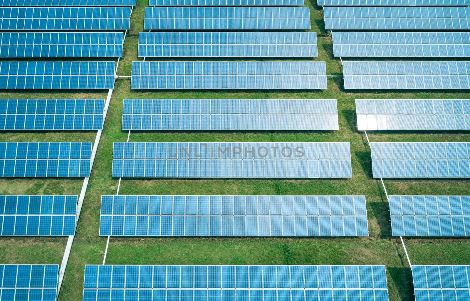 Aerial shot of solar panels farm on the green field. Renewable alternative green energy concept. by Busker