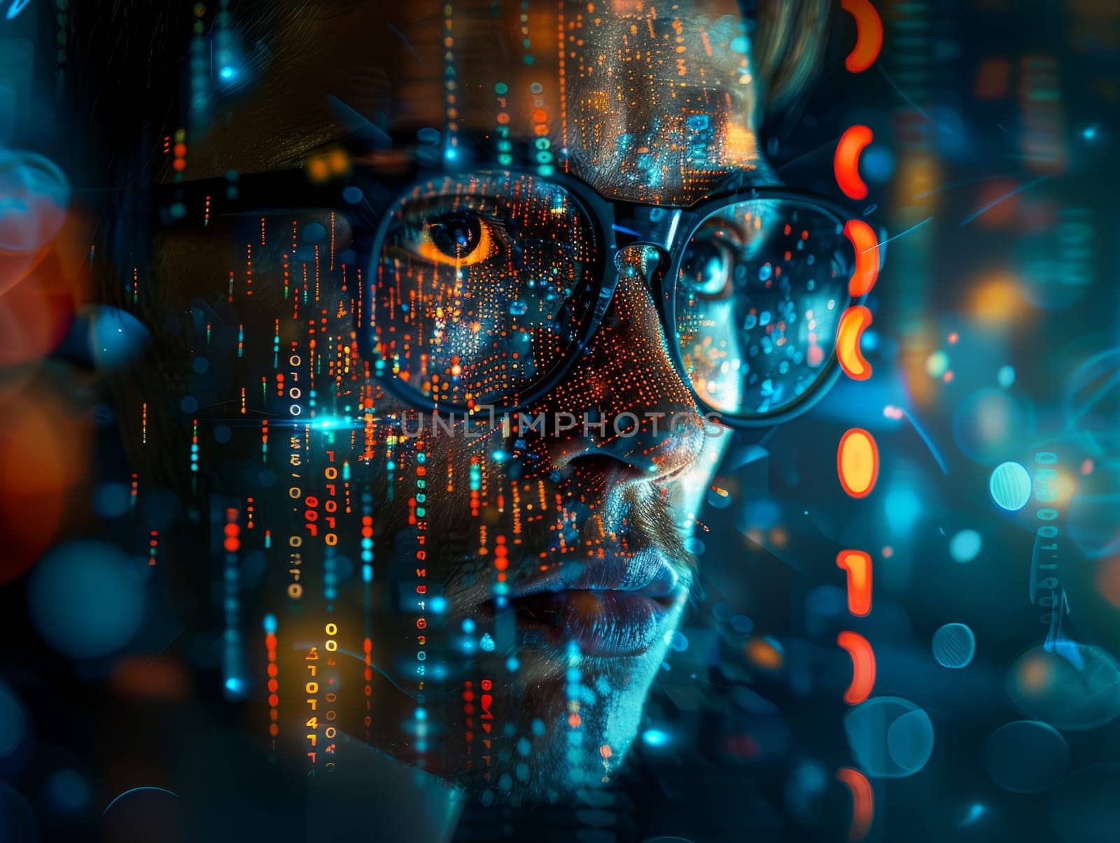 Cyber Professional: Serious Man in Glasses Surrounded by Futuristic Glow. The concept of virtual reality and cyberpunk. by iliris