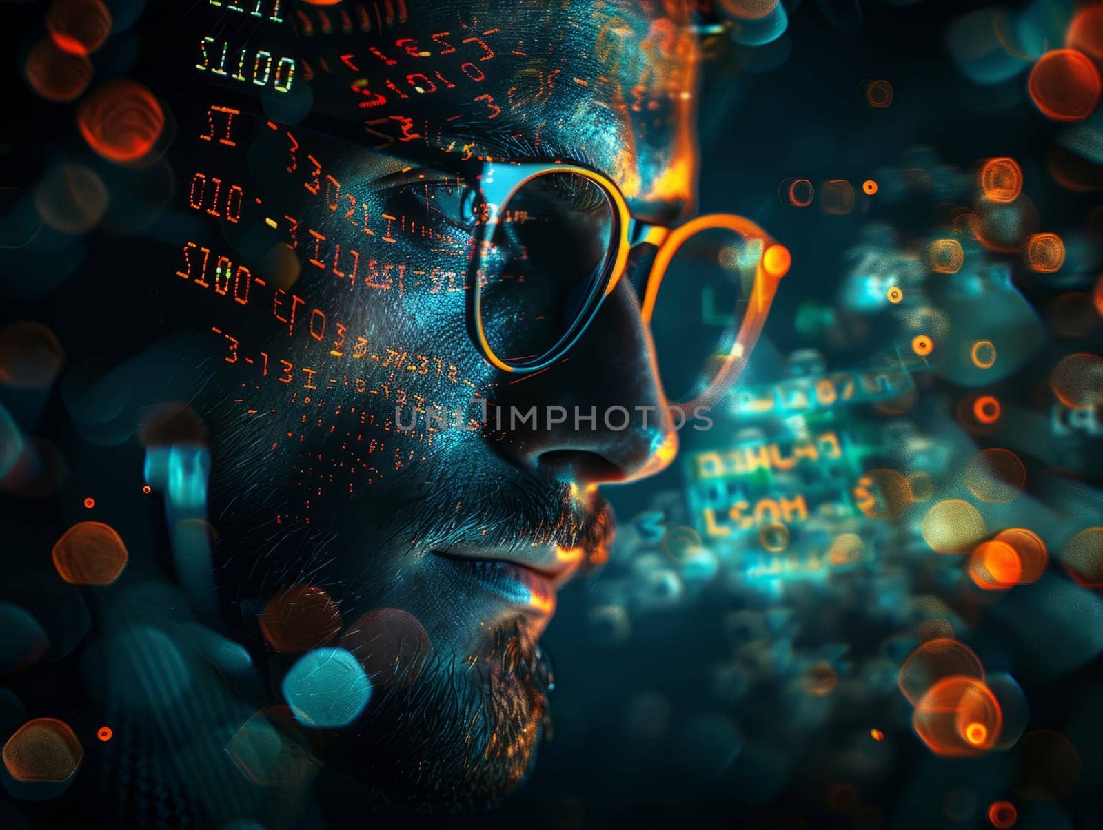 Cyber Professional: Serious Man in Glasses Surrounded by Futuristic Glow. The concept of virtual reality and cyberpunk. Ai generated