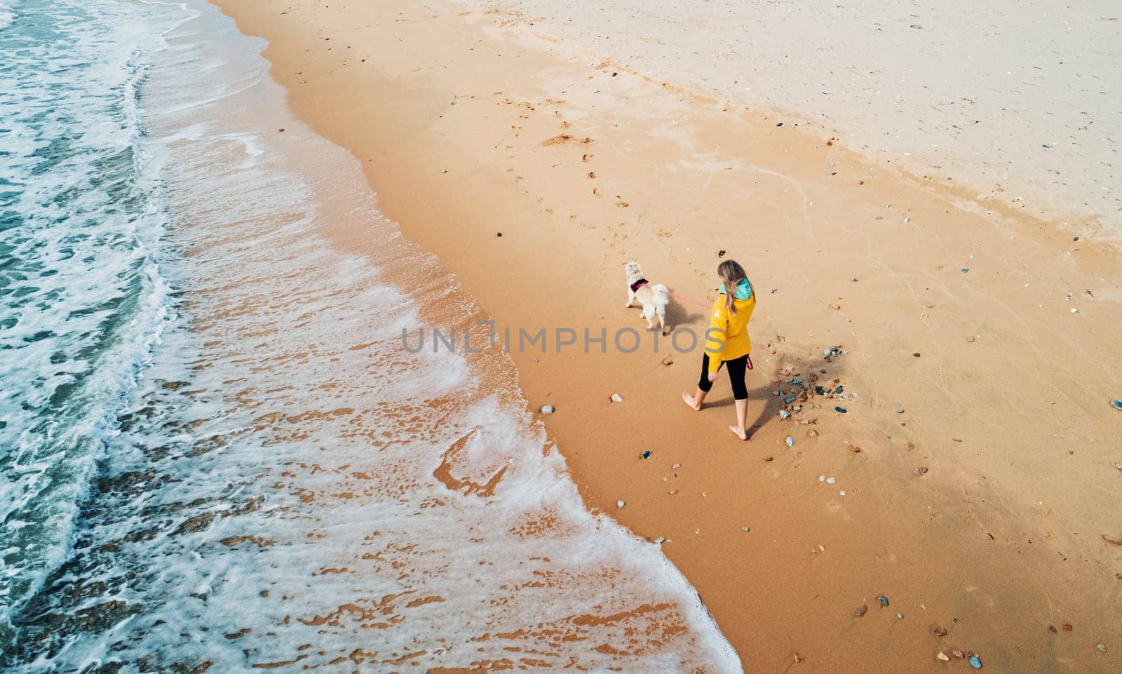 Aerial high angle shot of young woman walking with the dog along the seaside. Stunning seascape.