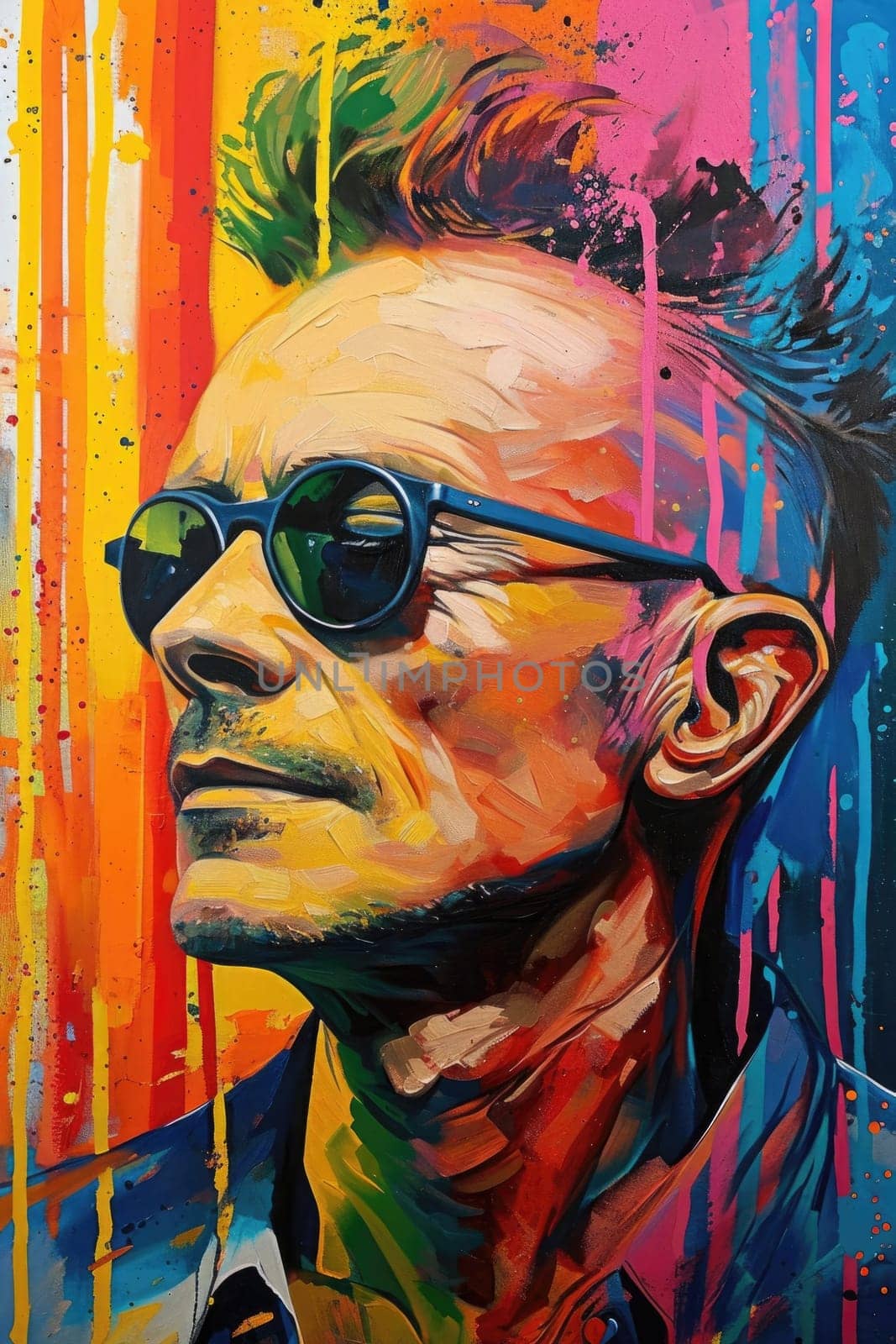 The comic colourful picture of the short hair male adult human head and has been wearing sunglasses with straight face yet picture fill with various colour that make picture fill with emotion. AIGX01.