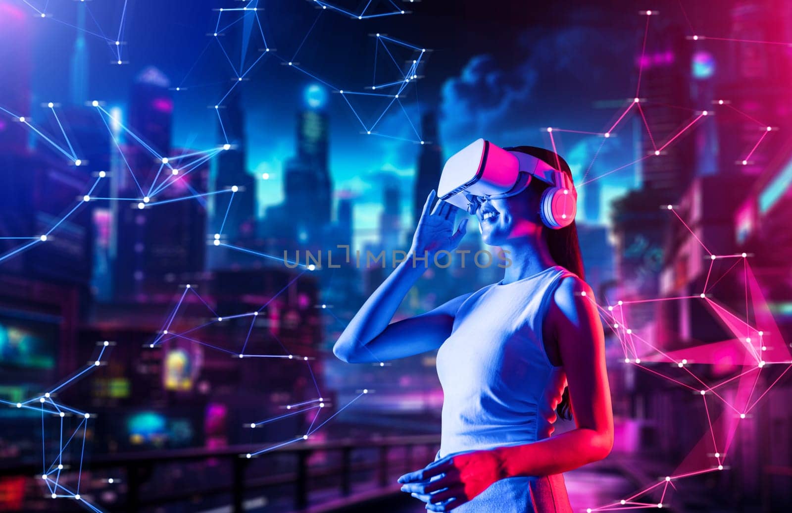 Female standing in cyberpunk style building in meta wear VR headset connecting metaverse, future cyberspace community technology, Woman raise right hand holding goggles looking faraway. Hallucination.