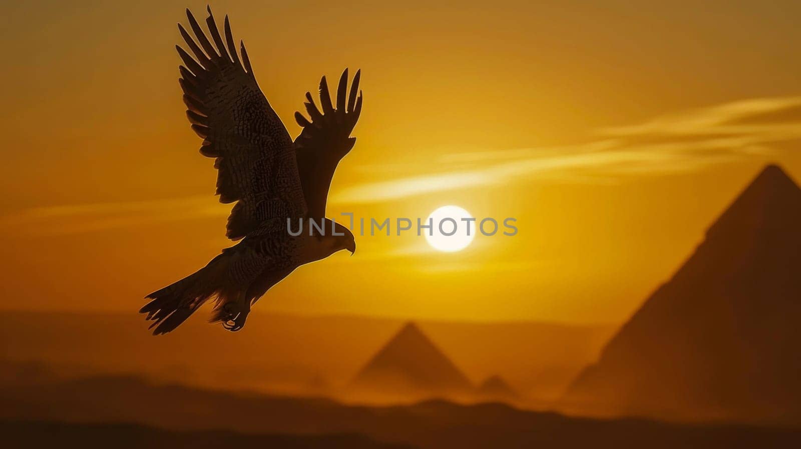 Silhouette of a falcon flying high in egypt in the golden hour.