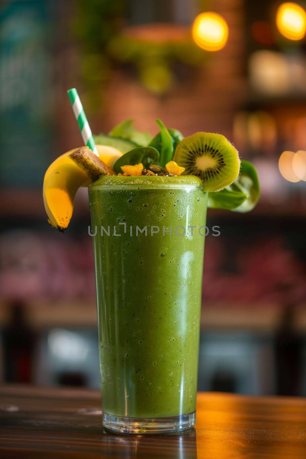 Refreshing healthy Kiwi green smoothie close up in a bar by papatonic